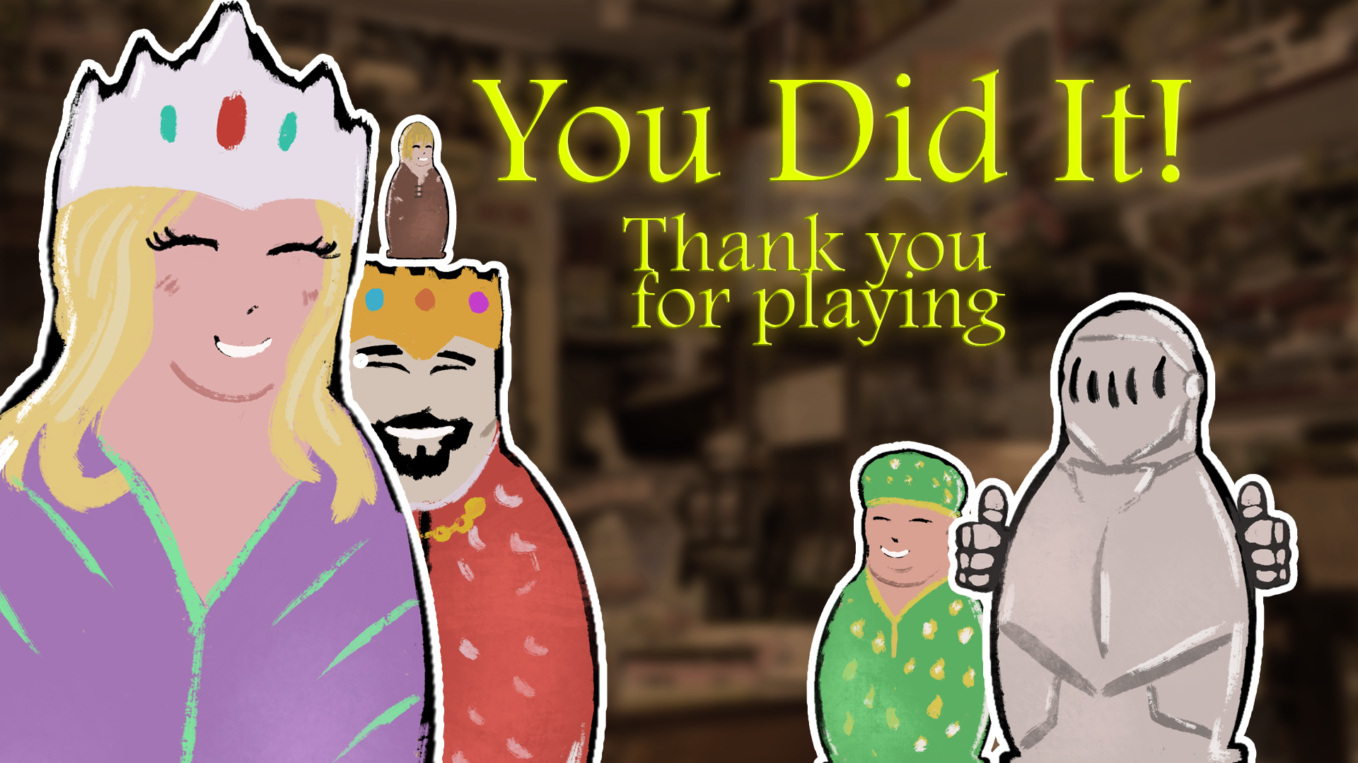 Cartoon characters dressed in colorful costumes celebrating after finishing a game, with a blurred background of bookshelves and the words "You Did It! Thank you for playing" in bright yellow on the right side.
