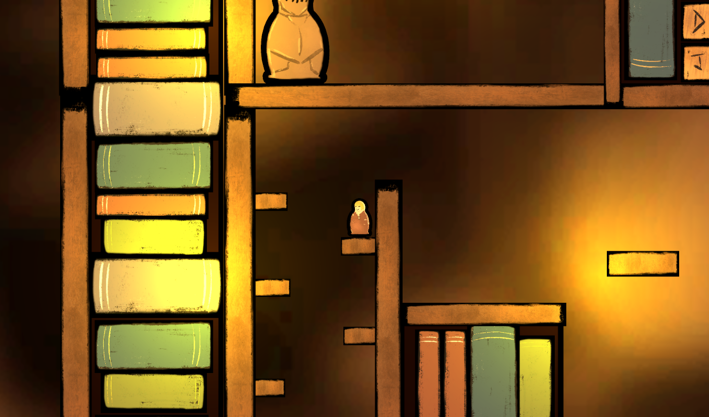 Digital drawing of a wooden bookshelf filled with books, a small figurine, and a large ceramic vase on top, with a warm glowing background.