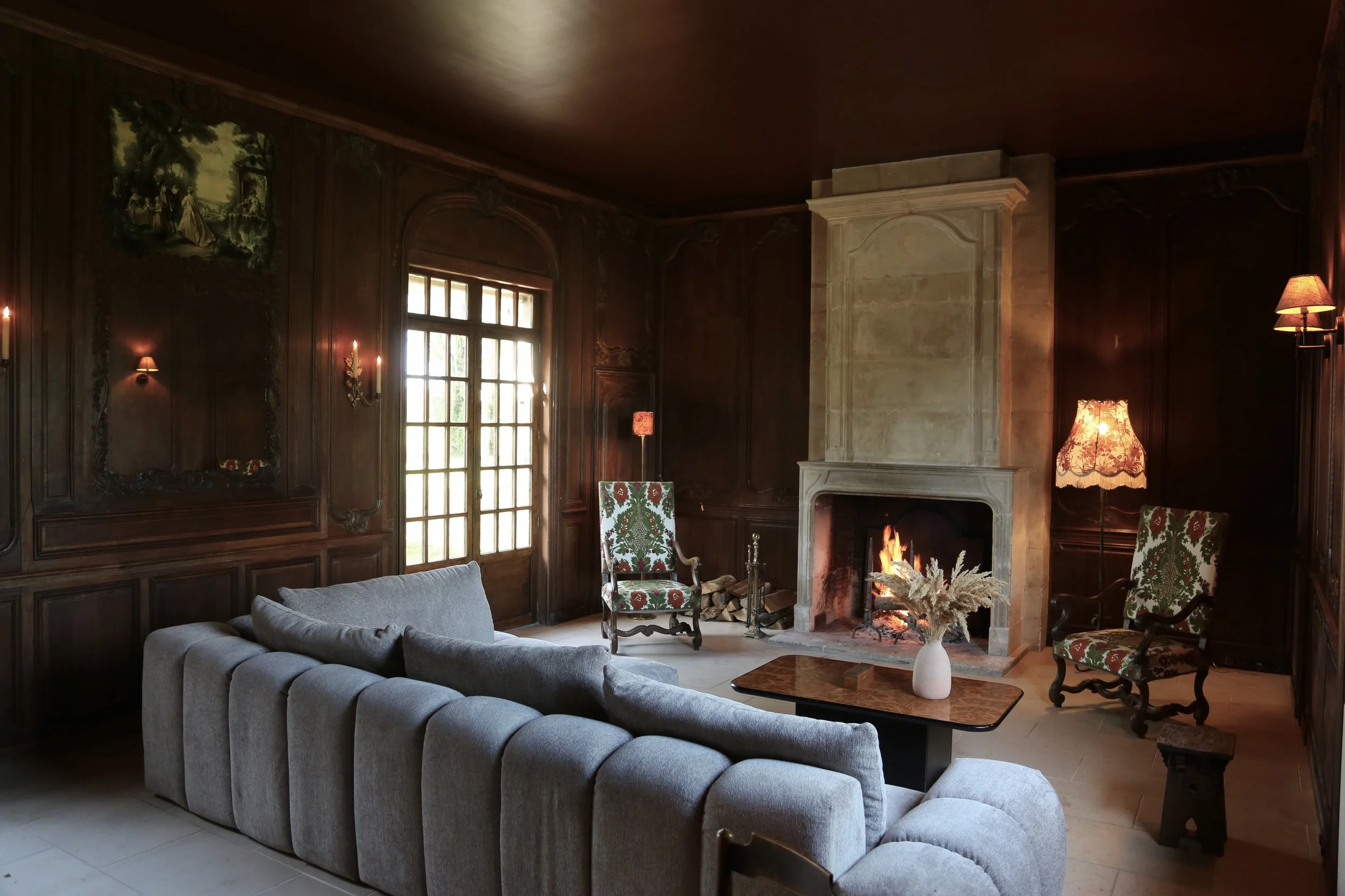 Luxury villa near paris Rambouillet sofa fireplace living room