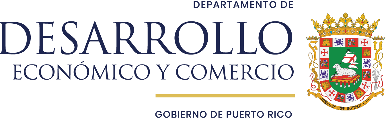 Official logo of the Puerto Rico Department of Economic Development and Commerce featuring a coat of arms with a crown, shield, and various symbols.