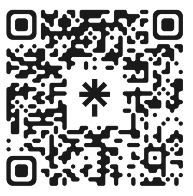 A QR code with a black and white pattern, including a central asterisk symbol.