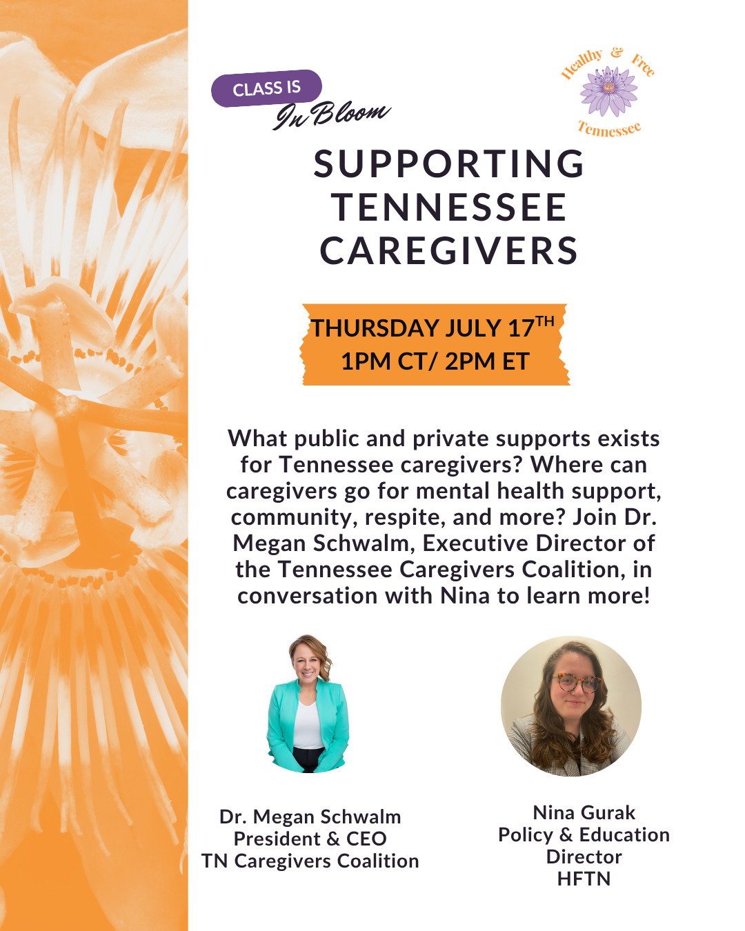 Join us for our next installment of our summer education series: Supporting Tennessee Caregivers with the TN Caregivers Coalition on Thursday July 17th 1pm CT / 2pm ET. We'll be digging into the challenges and resources available to caregivers in our