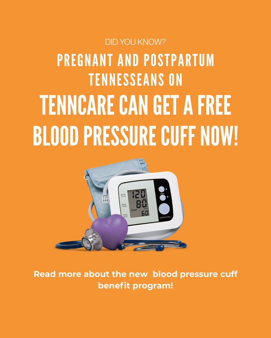 💜 If you're pregnant and on TennCare, you're now eligible for an at-home blood pressure cuff! Blood pressure monitoring can help catch some maternal health issues early! Swipe through to learn more information! Image text in alt-text