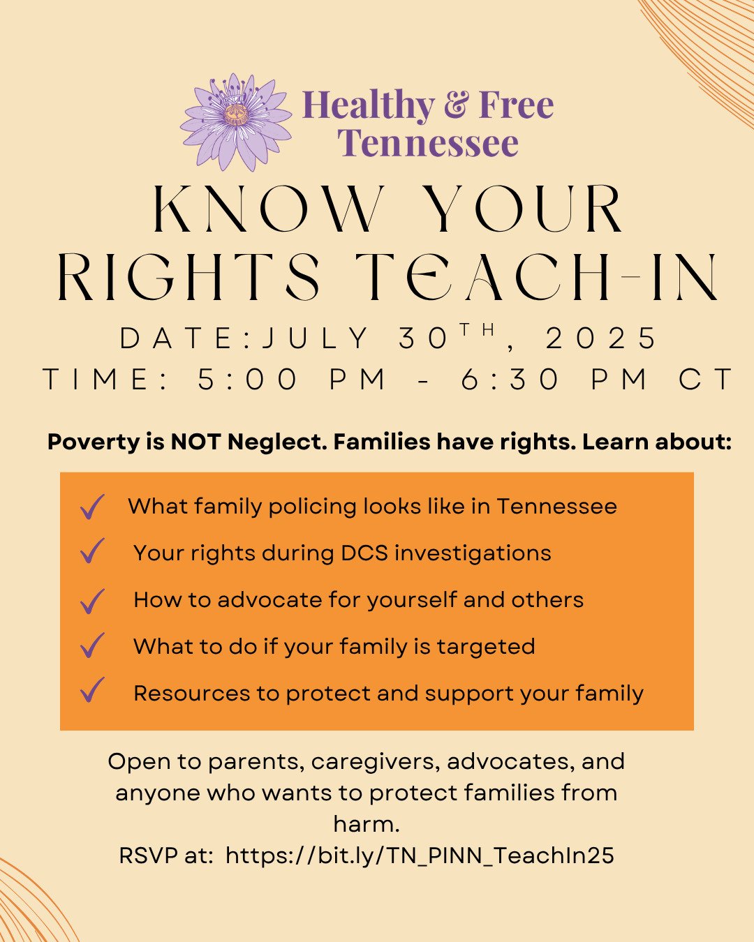 ๐งก Join our awesome campaign strategist, Niah, for a virtual teach - in about the Poverty is NOT Neglect law! We'll be talking about our rights, the release of our new Know Your Rights guide (it's actually so informative and beautiful and will be com