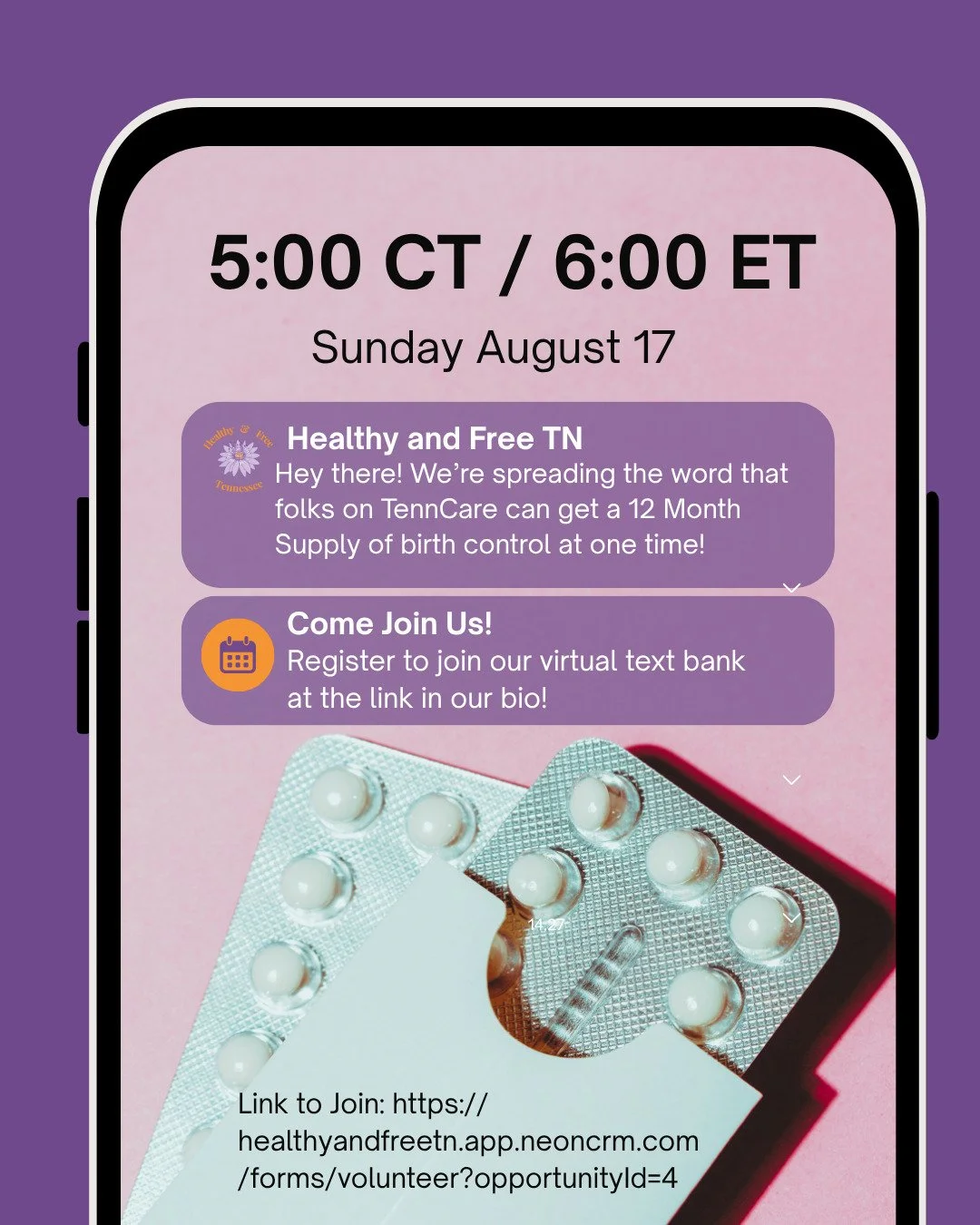 📱Sunday Scaries got you down but you you also want to increase access to birth control in Tennessee? Honestly, same. Join us on Sunday from 5-8pm CT / 6-9pm ET for a virtual text bank! We're trying to text almost 50,000 Tennesseans who could be elig