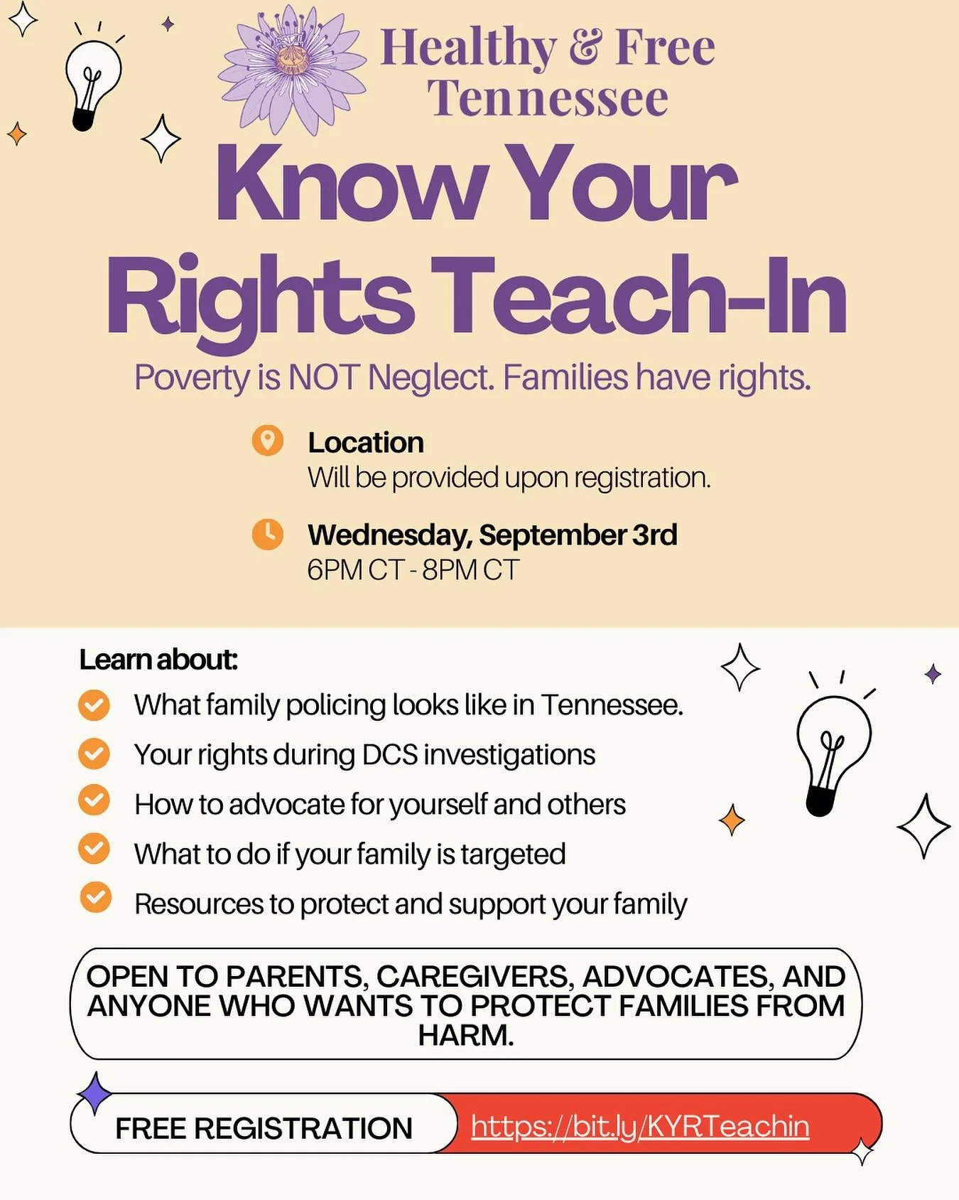📢Join us Wednesday, September 3rd at 6:00 PM CT for our in-person Poverty is NOT Neglect Know Your Rights Teach-In, where we&rsquo;ll break down what the new law means, how to protect your family, and the resources that can help keep children safe w