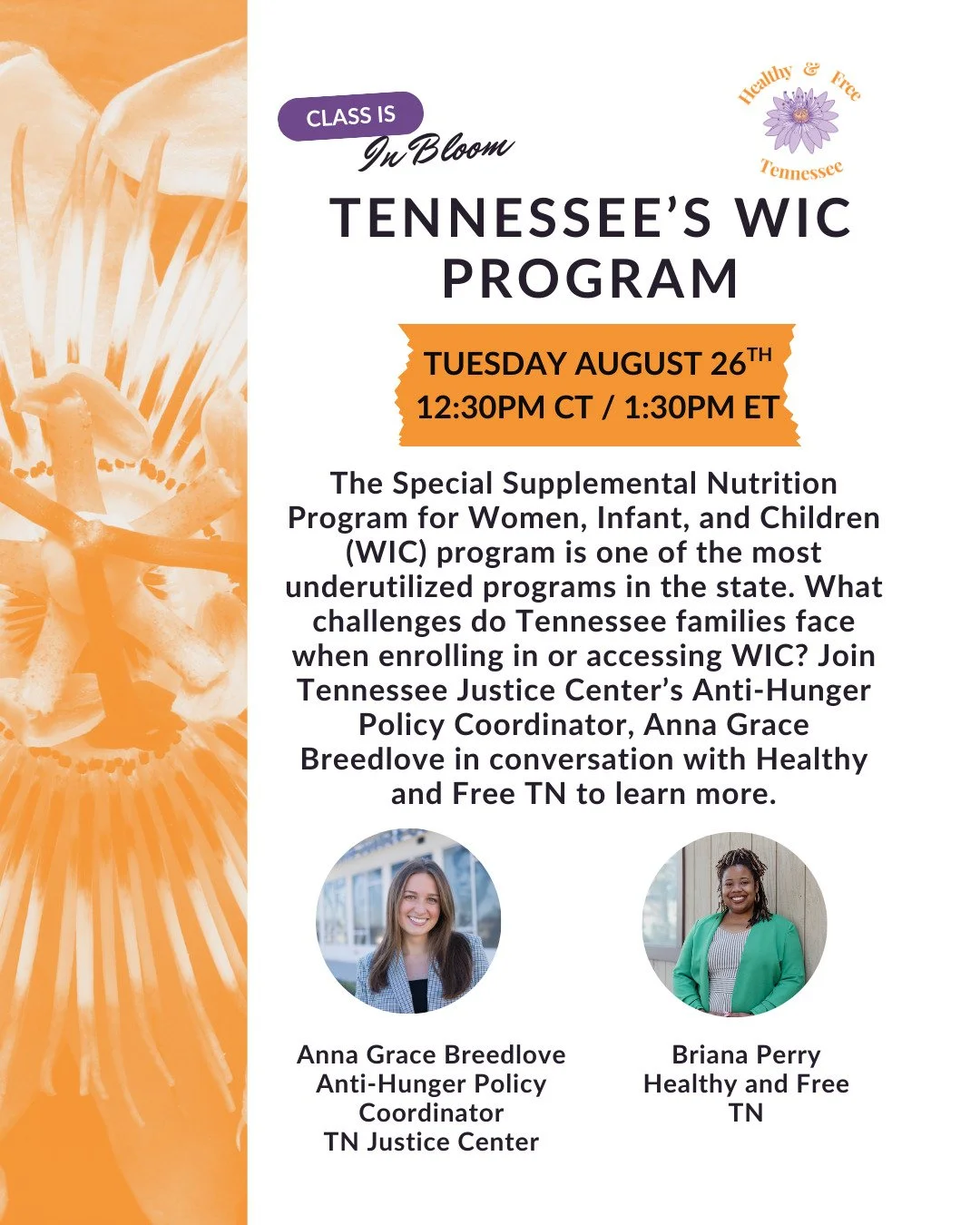 Join us on Tuesday with @tnjustice 's Anna Grace Breedlove, official Anti-Hunger Policy Coordinator and unofficial Tennessee's WIC Wonder Woman, as we discuss what the Special Supplemental Nutrition Program for Women, Infants, and Children (WIC) does