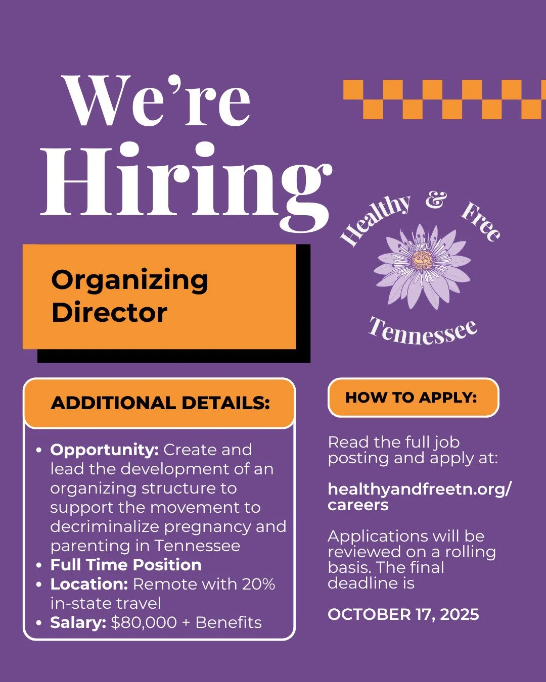 ๐งก ๐ฃ ๐ We could not be more excited to announce that: WE ARE HIRING! We're looking for an awesome Organizing Director to create and lead our organizing strategy to decriminalize pregnancy and parenting in Tennessee (and everywhere). Is this you or