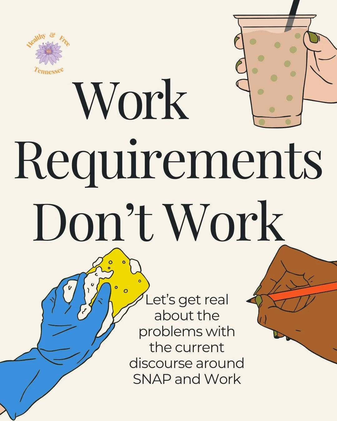 Let's get real about the current discourse around &quot;work&quot; and SNAP! Swipe through to learn more about so-called &quot;work requirements&quot; aka a cut to benefits for folks in need. Image text in alt-text.