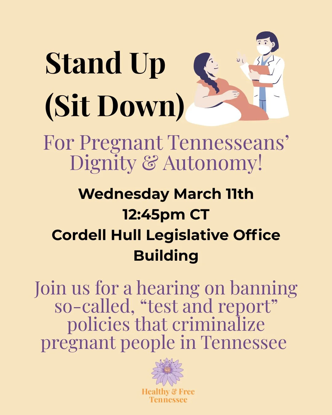 We're finally getting our hearing on our informed consent bill! Our bill, SB 1039, would prohibit hospitals from testing a pregnant or postpartum Tennesseans for substances without their informed consent. This bill is an important step in restoring s