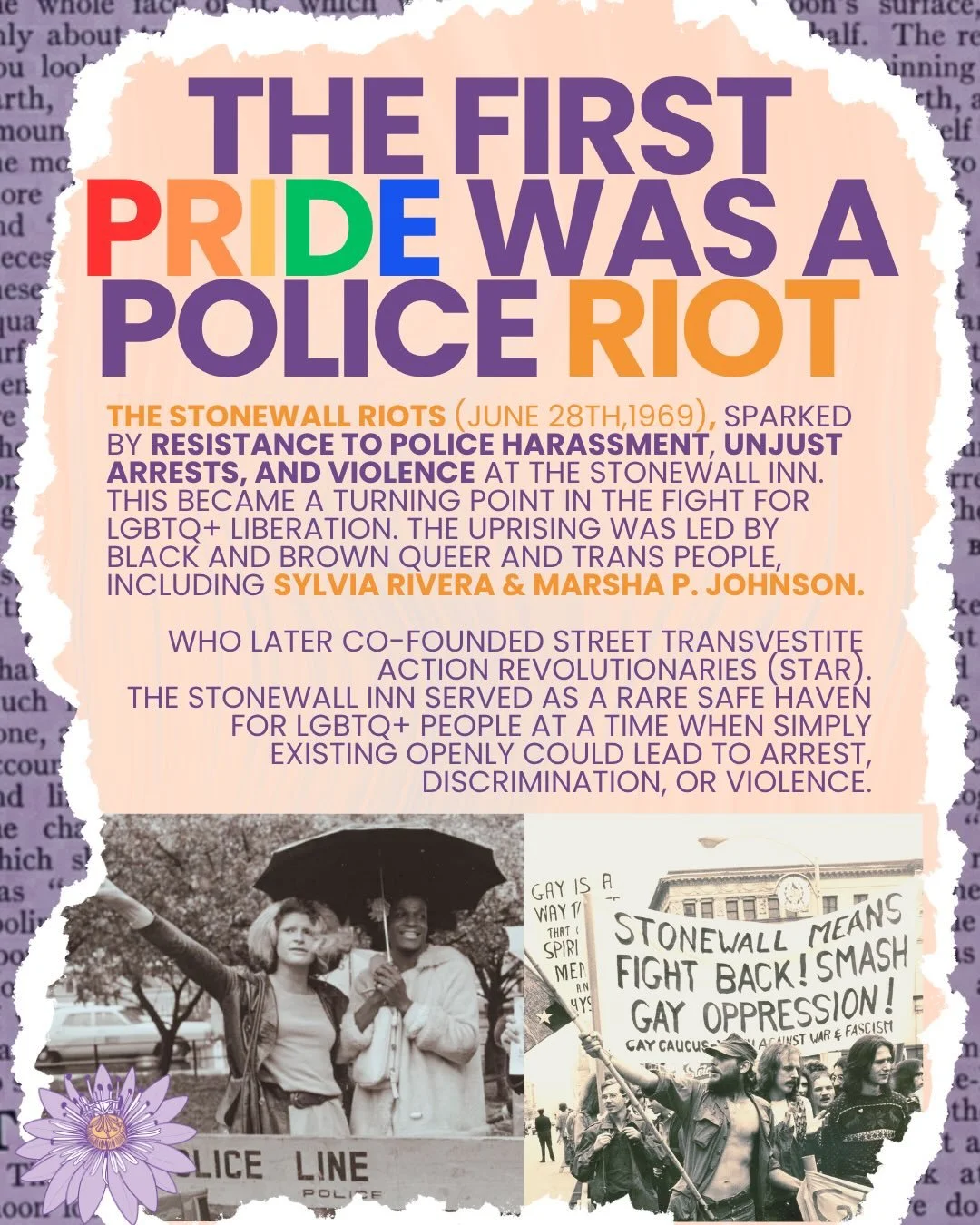 Alt text:[A colorful poster explains the history of the Stonewall Riots, highlighting LGBTQ+ activism, police violence, and key figures like Sylvia Rivera and Marsha P. Johnson.] 

Happy Pride to all the Folx across TN and beyond!!!! Drop in the comm