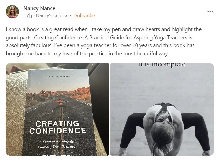 Feedback on Creating Confidence by Rachel Warmath a book for yoga teachers