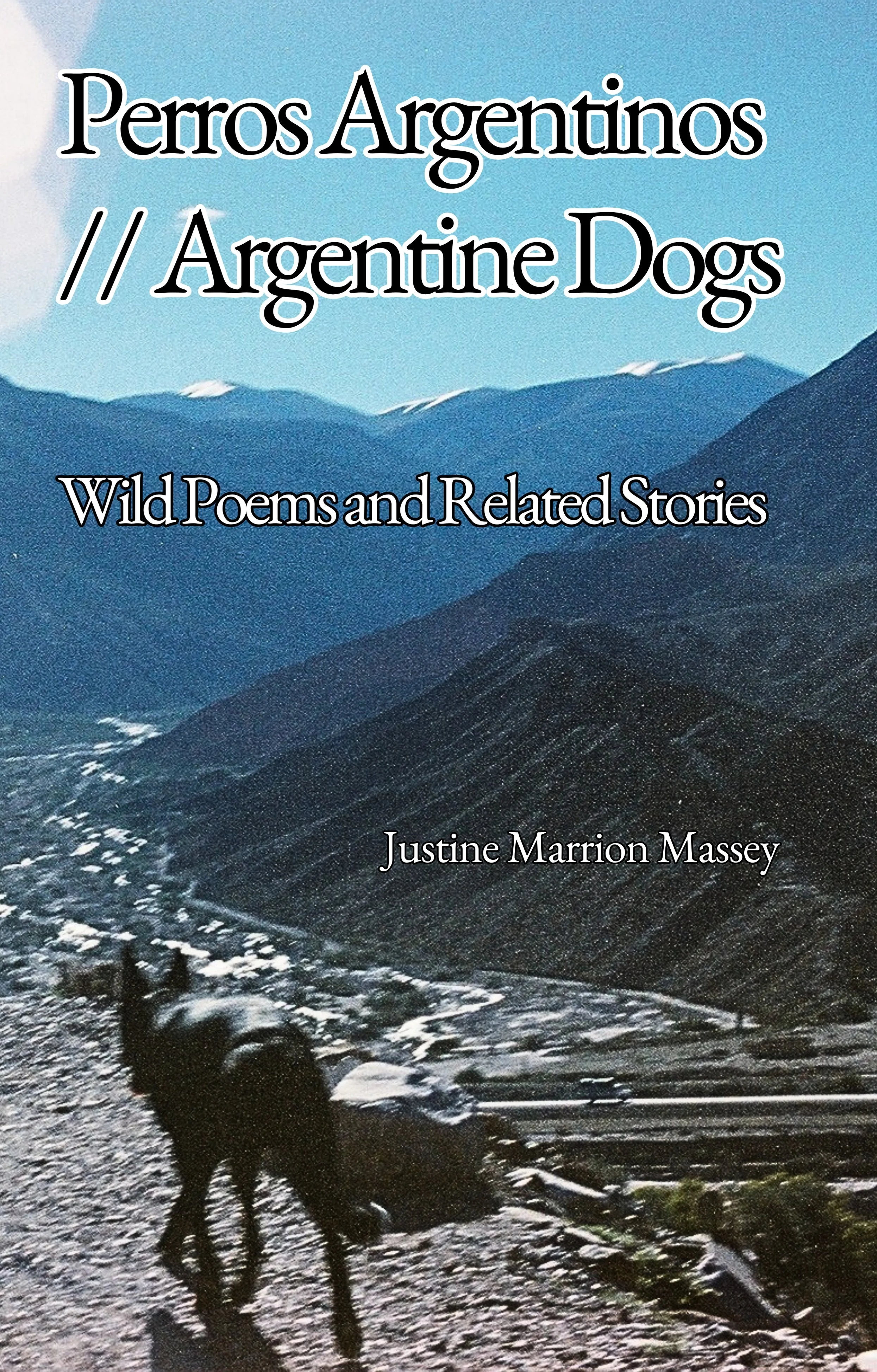 Book cover titled 'Perros Argentinos / Argentine Dogs: Wild Poems and Related Stories' by Justine Marrion Massey. The cover features a mountain landscape with a black dog in the foreground and snow-capped peaks in the background.