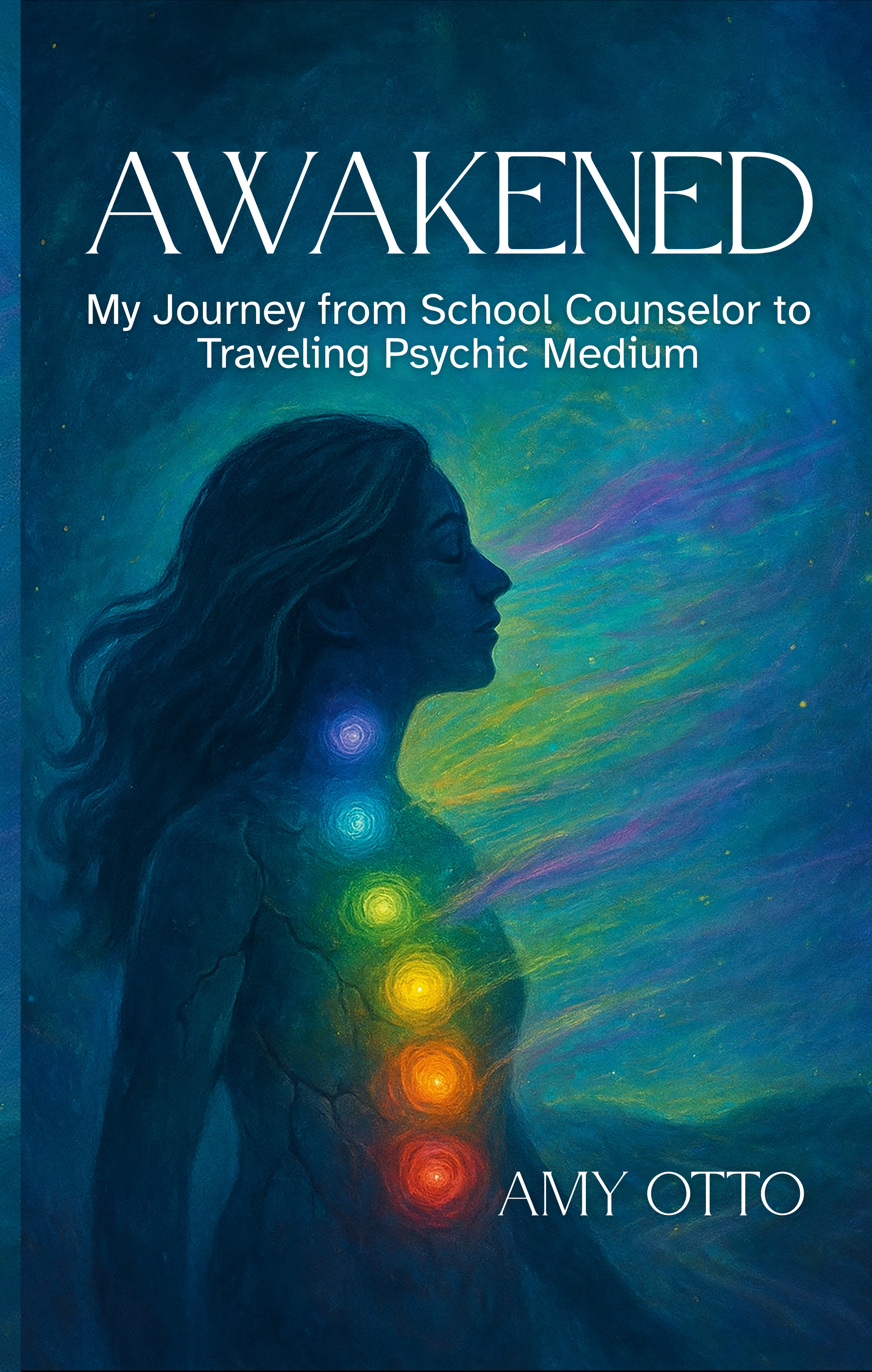 Book cover titled "Awakened: My Journey from School Counselor to Traveling Psychic Medium" by Amy Otto. The cover features an artistic illustration of a woman's profile with her torso and throat emitting vibrant, multicolored light and energy.