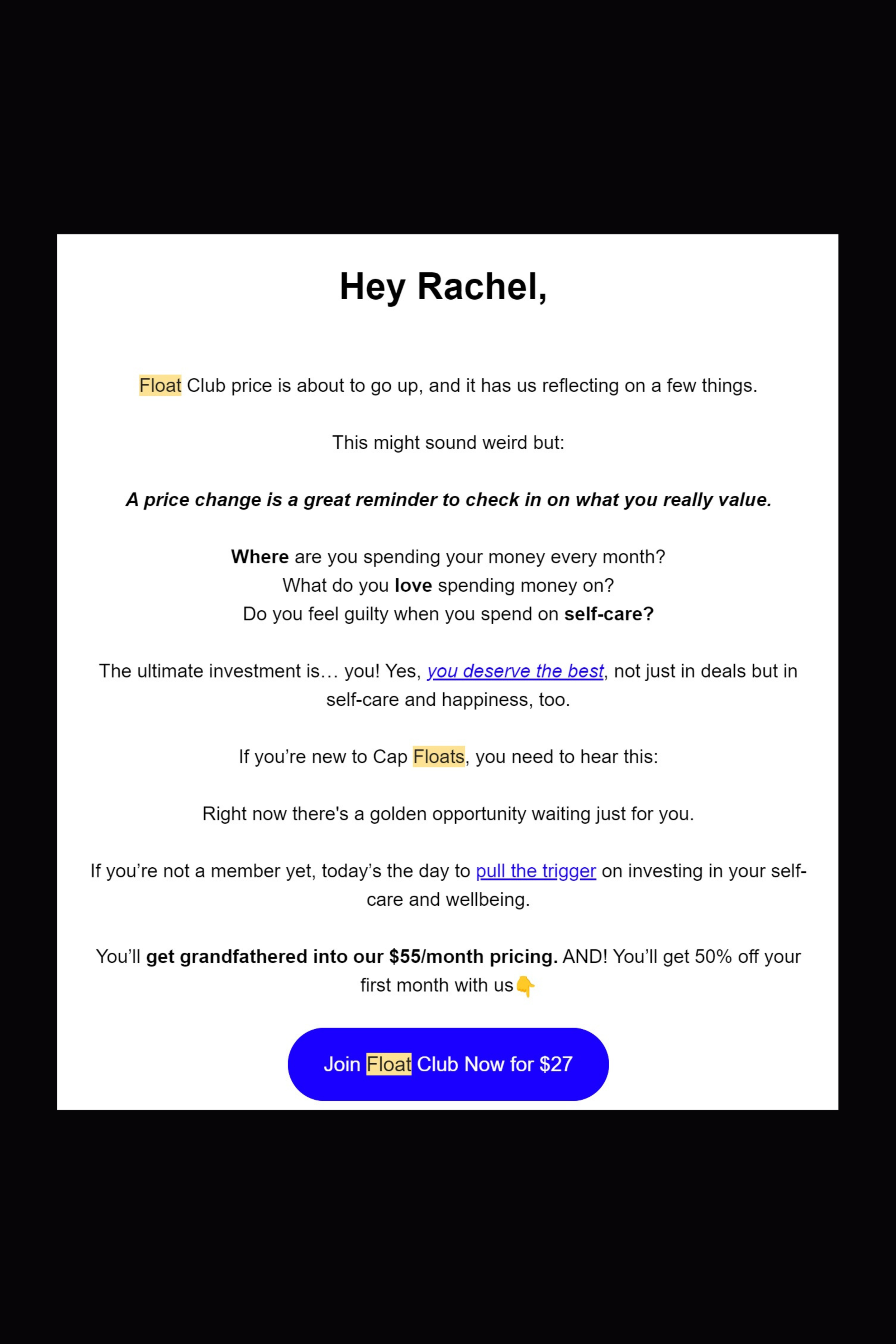 A pricing increase email for a Capitol Floats campaign written by Rachel Warmath