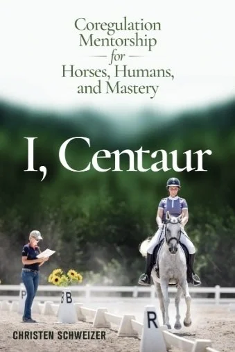 Book cover titled 'Coregulation Mentorship for Horses, Humans, and Mastery' with a rider on a white horse and a woman reading a book outdoors, with a green background.
