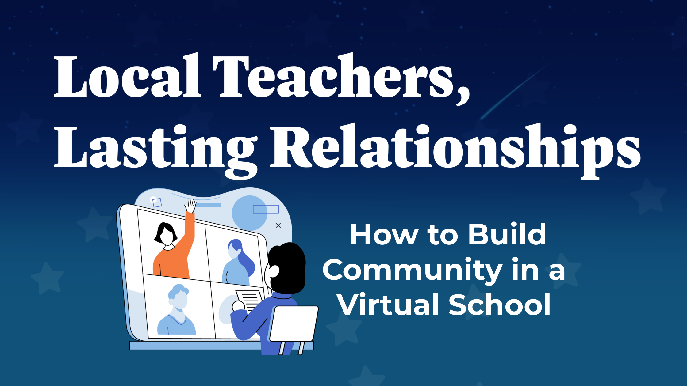 A blue header with an illustration of a virtual student on interacting with online classmates. White text spells out the title.