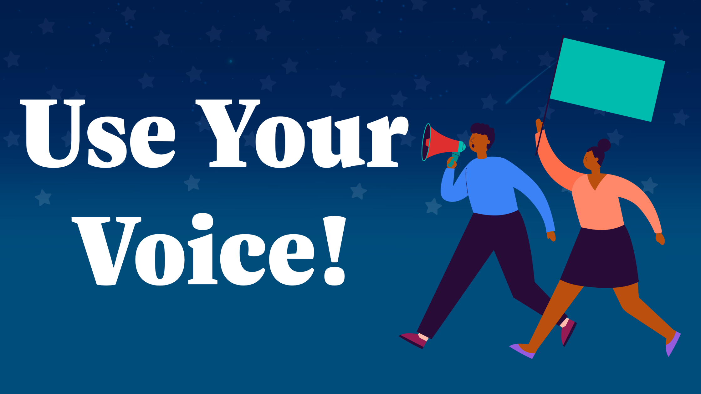 A blue footer with the same imagery as the header. White text reads "Use Your Voice!"