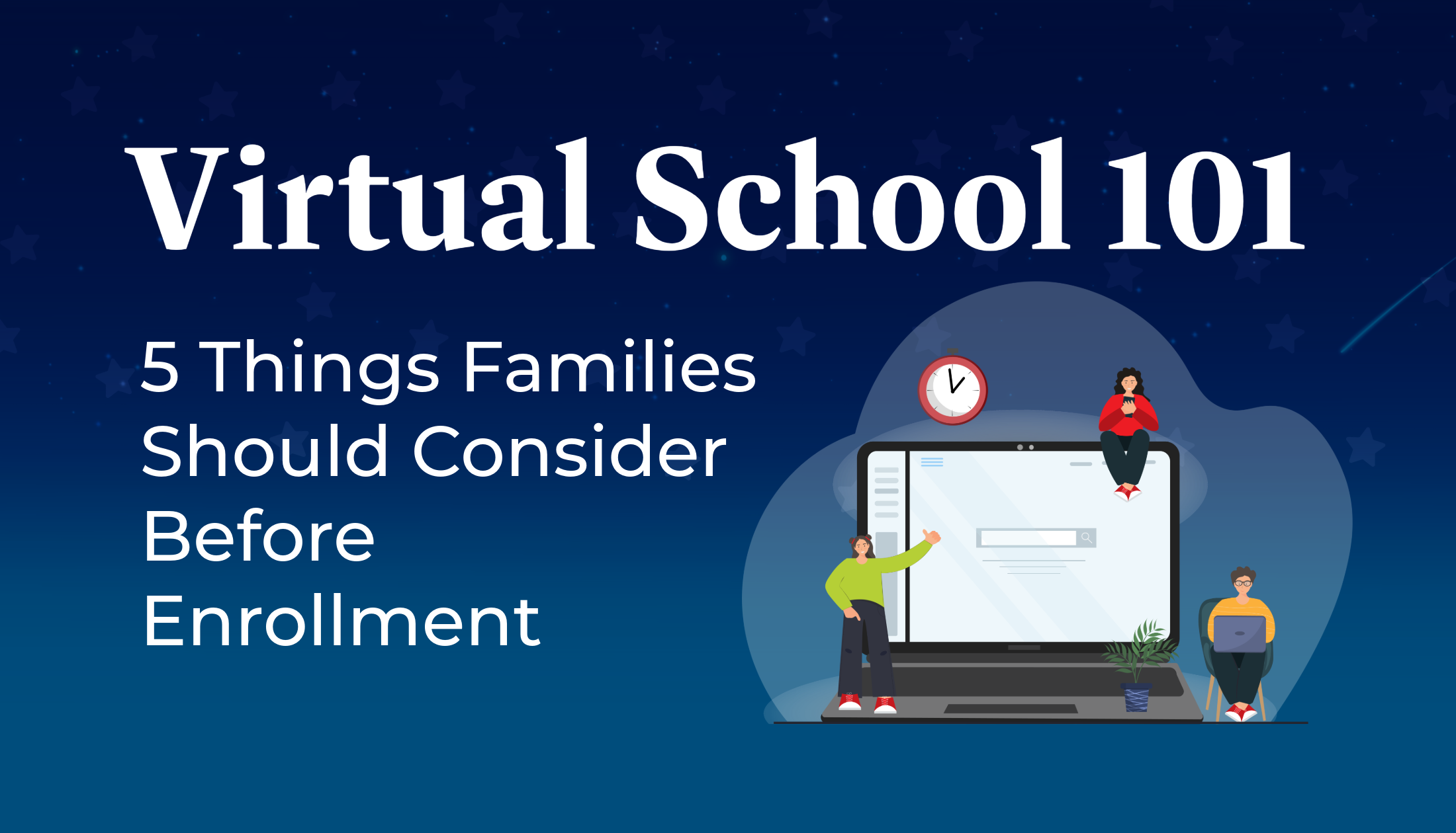 A blue header with the image of three virtual school students sit around a giant laptop. White text spells out the title