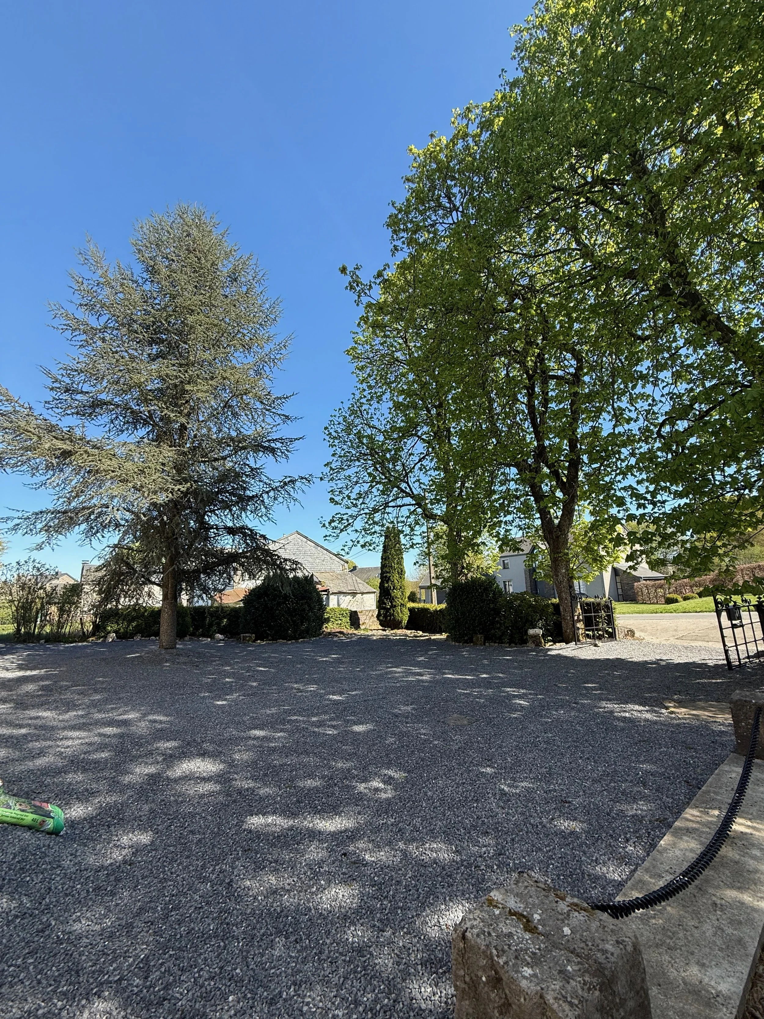 Un espace extérieur avec deux grands arbres, un ciel bleu clair, des maisons en arrière-plan, et un sol en gravier. Il y a également un banc en métal à droite et une sac de jardinage à gauche.