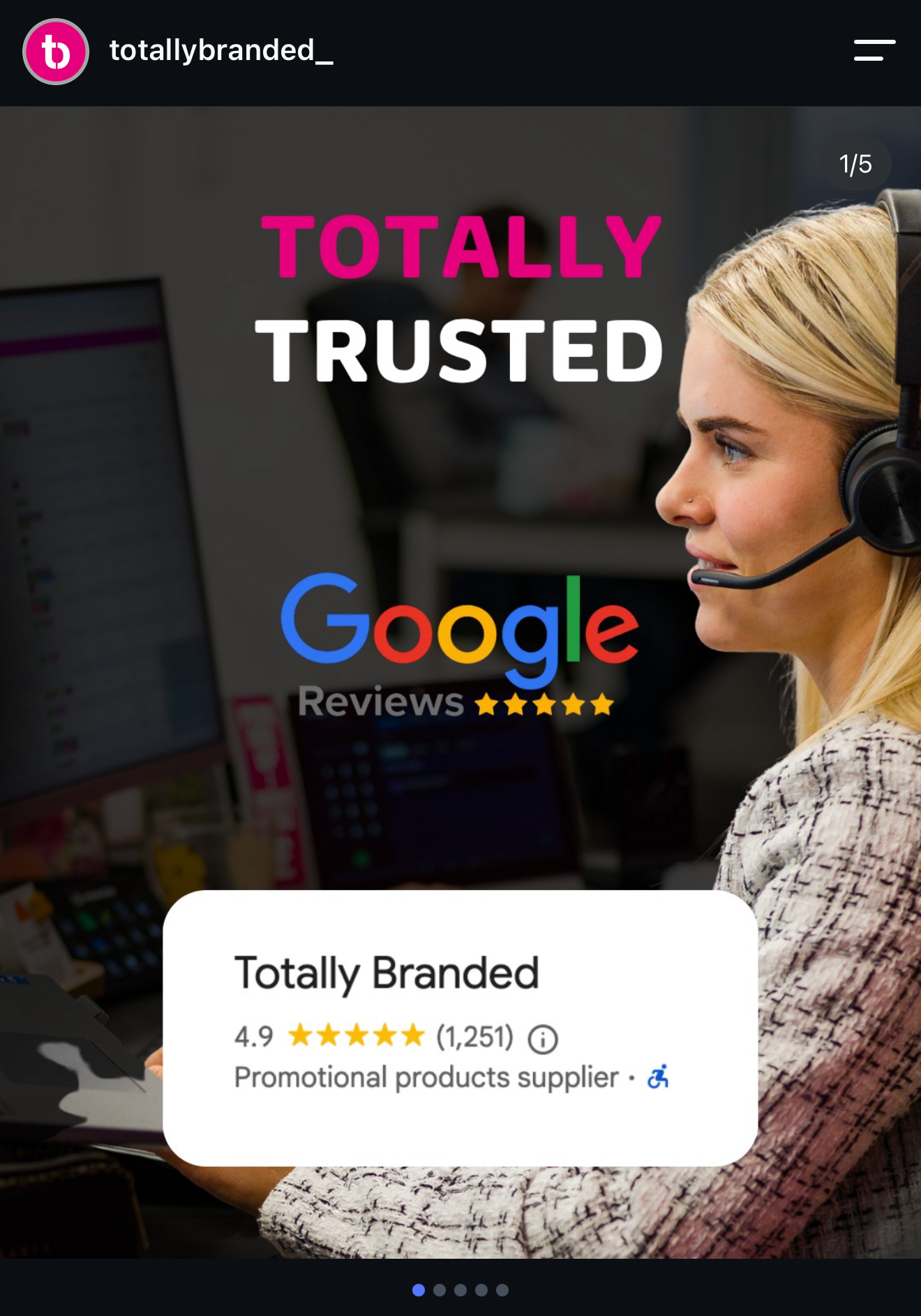 A woman wearing a headset looking at a computer monitor in an office setting, with overlaid text that reads 'Totally Trusted' and 'Google Reviews'.