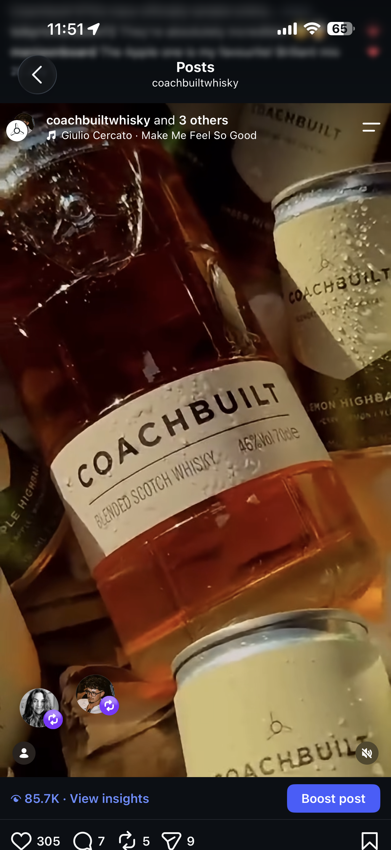 Close-up of bottles of Coachbuilt blended Scotch whisky, with clear amber liquid and labels showing the brand name and alcohol content.
