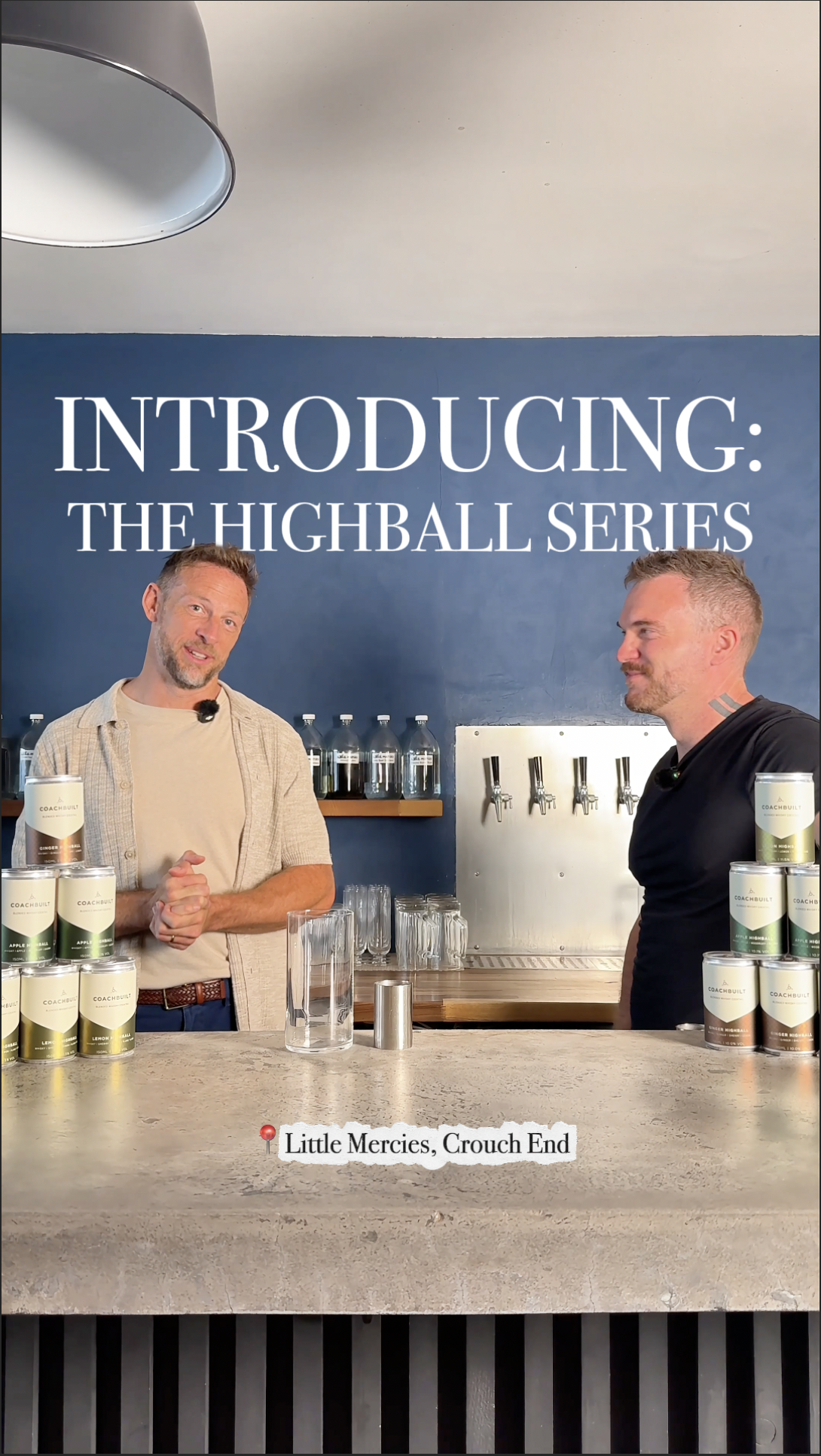 Two men standing behind a bar counter with canned beverages and glasses, in a room with a blue wall and a white ceiling, promoting the Highball series.