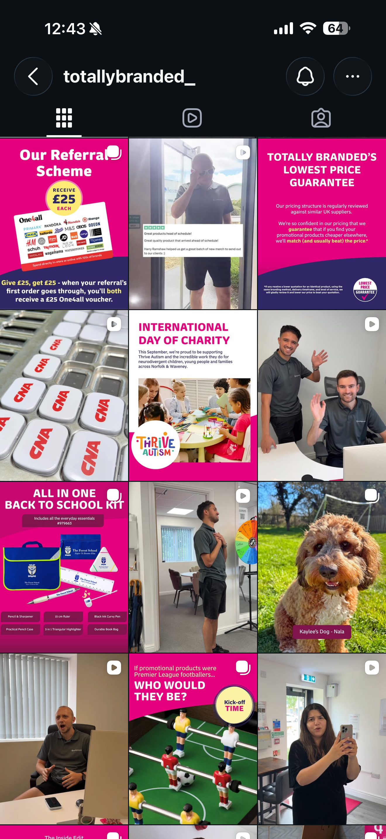 A collection of social media images and videos featuring promotional content, people in an office setting, a dog named Nala, toys, and a woman taking a selfie in an office or home environment.