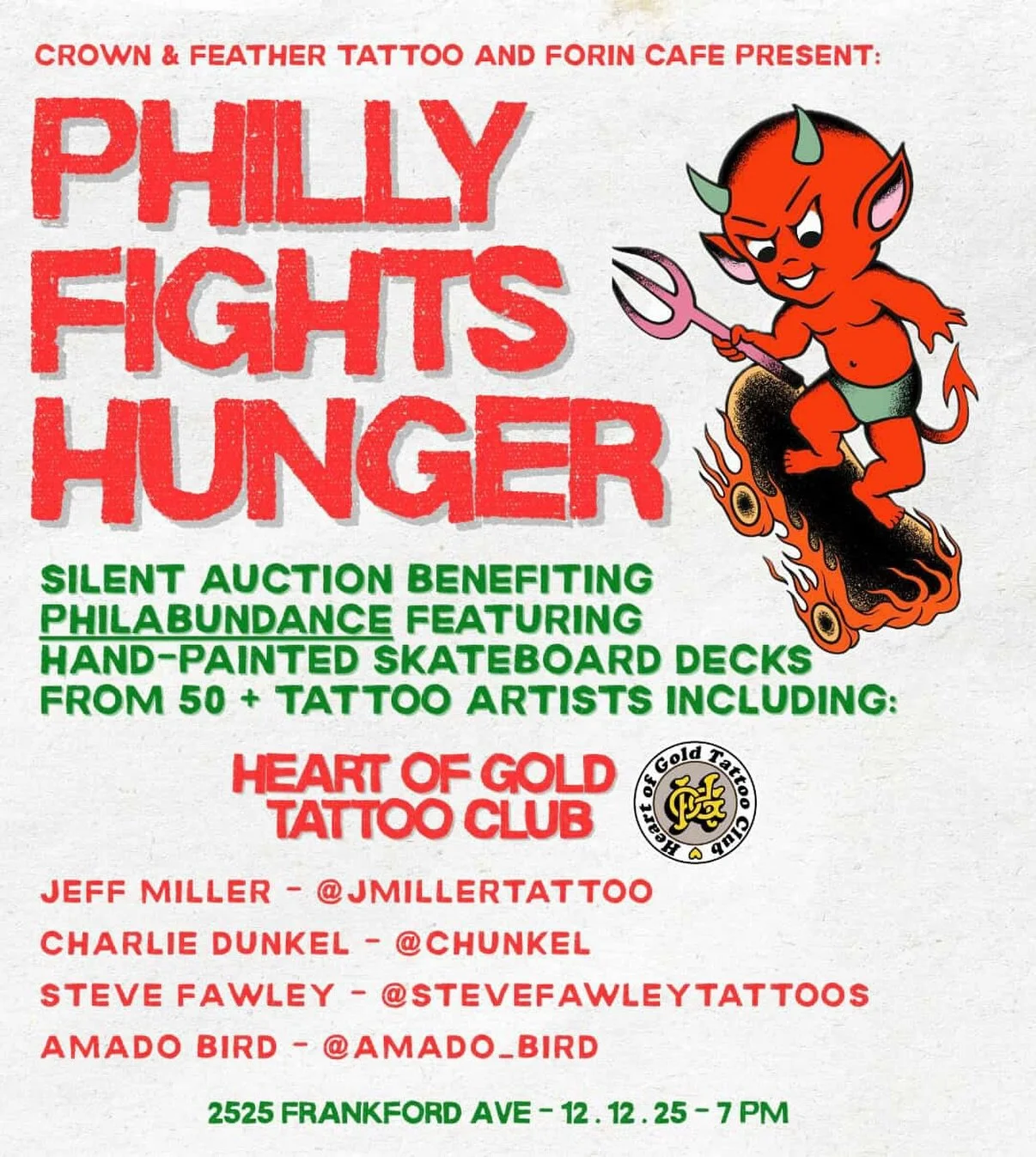 ⚠️ Mark your calendars for Friday, December 12! ⚠️ We will be participating in an art show featuring over 50 tattoo artists across the city benefiting Philabundance! The show will feature hand-painted skateboard decks from over 50 different artists. 