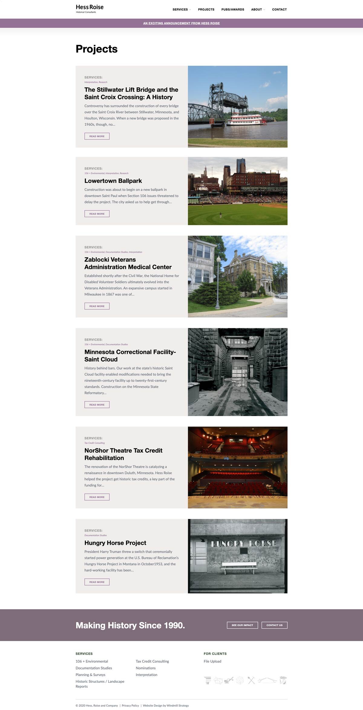 Webpage displaying projects by Hess Roise, including The Stillwater Lift Bridge, Lowertown Ballpark, Zablocki Veterans Administration Medical Center, Minnesota Correctional Facility - Saint Cloud, NorShor Theatre, and Hungry Horse Project. Each proje