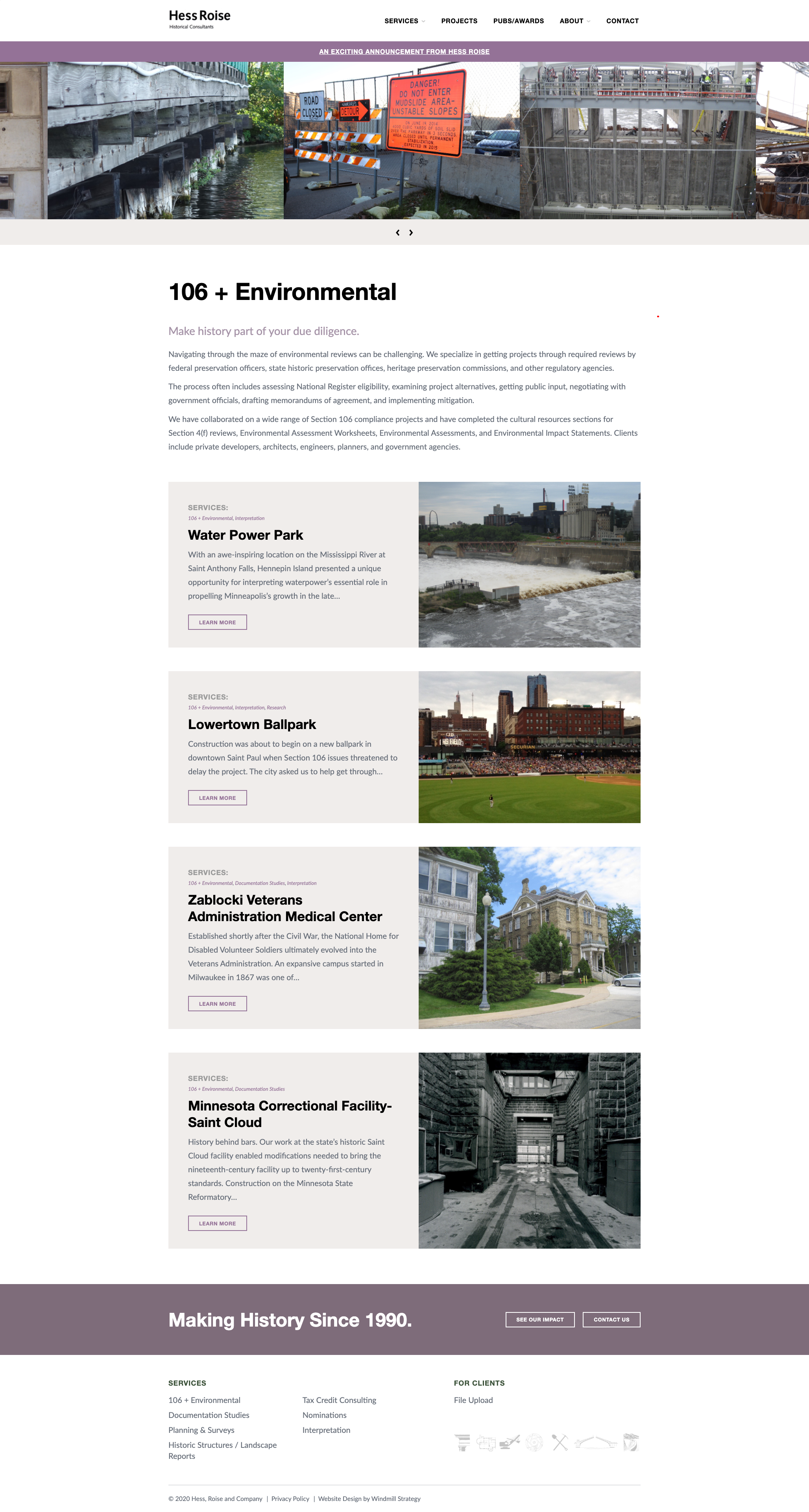 Hess Roise company homepage showcasing environmental and preservation projects.