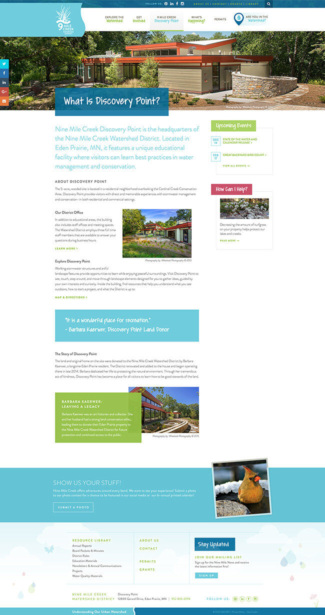 Website page for Nine Mile Creek Discovery Point, featuring a detailed description of the headquarters located in Eden Prairie, MN. The page includes images of the building and a cardinal bird, information on upcoming events, and a section on how to