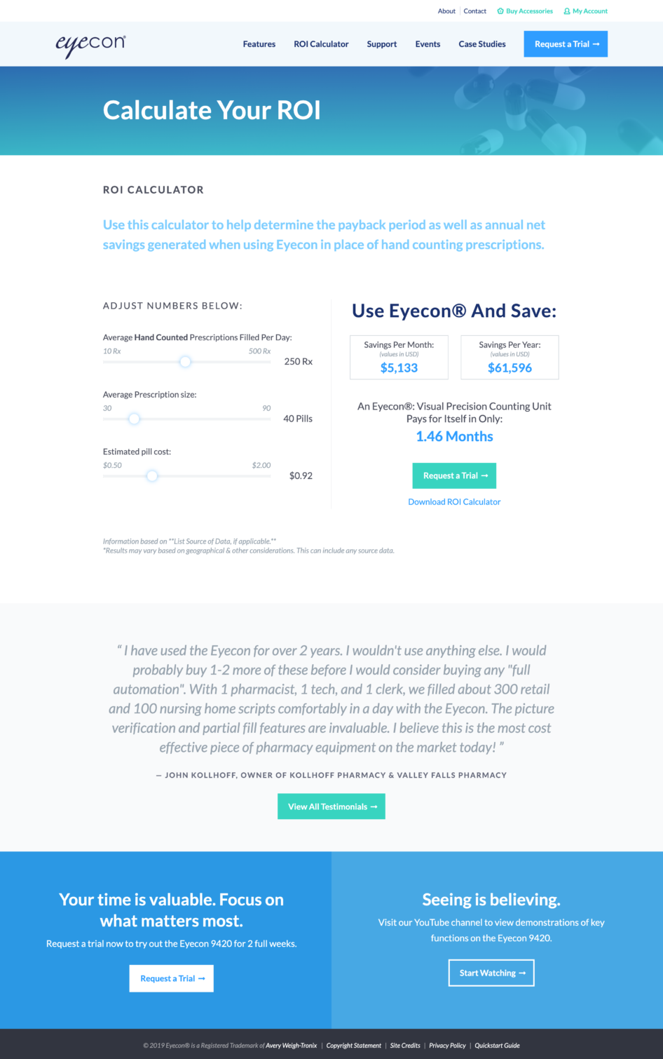 Eyecon ROI calculator webpage for determining cost savings from using Eyecon prescription counting. Features adjustable sliders for hand-counted prescriptions per day, average prescription size, and pill cost. Includes savings estimates per month and