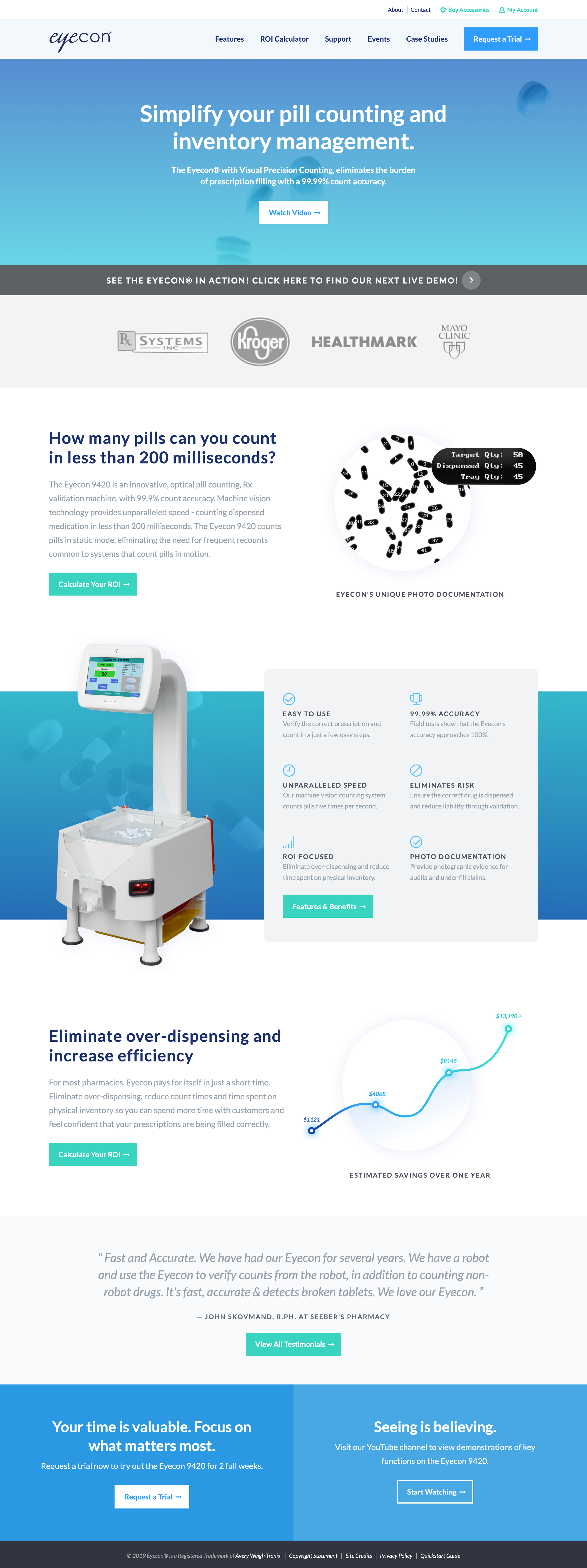 Webpage for Eyecon pill counters featuring product information, benefits, customer testimonials, and calls to action for trials and demonstrations.