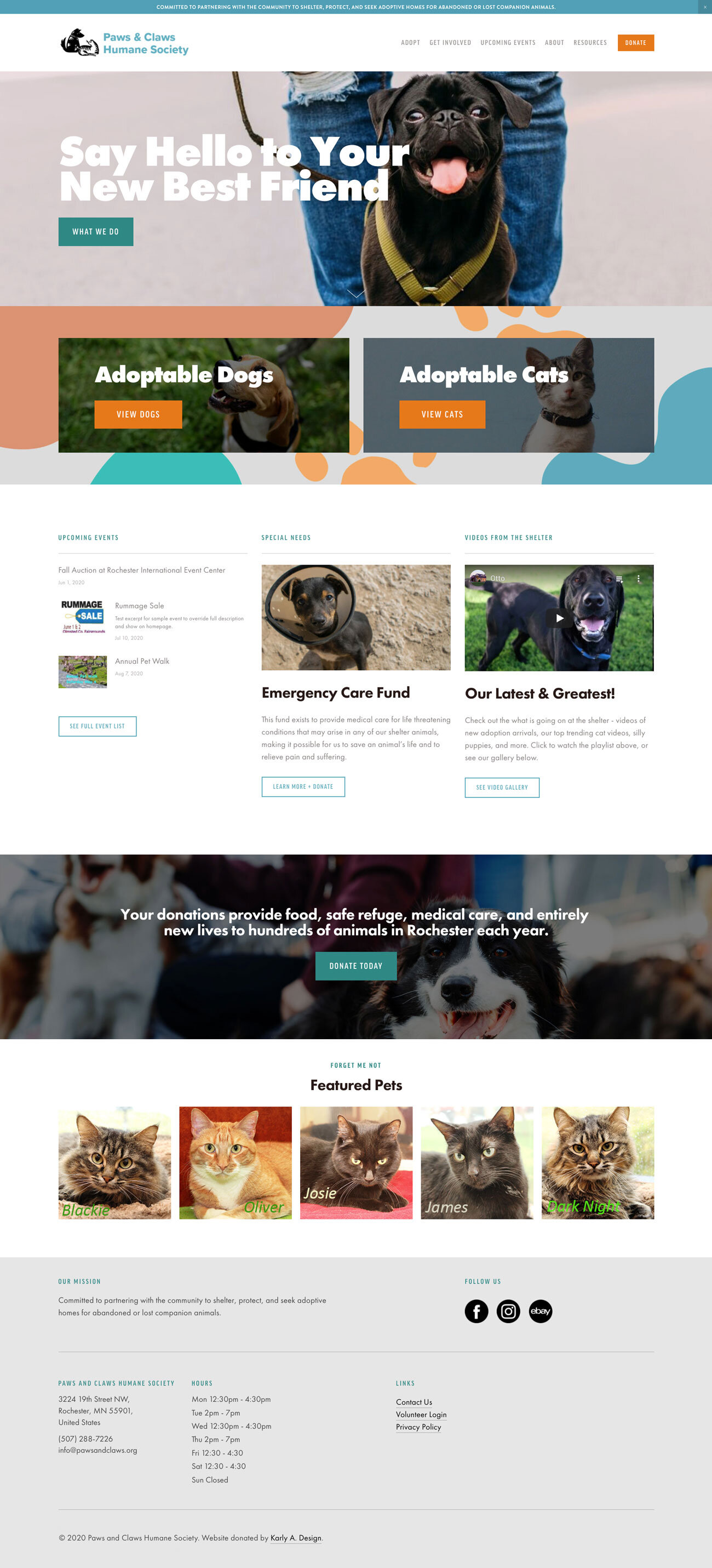 Homepage of Paws & Claws Humane Society featuring adoptable pets, events, and donation information.