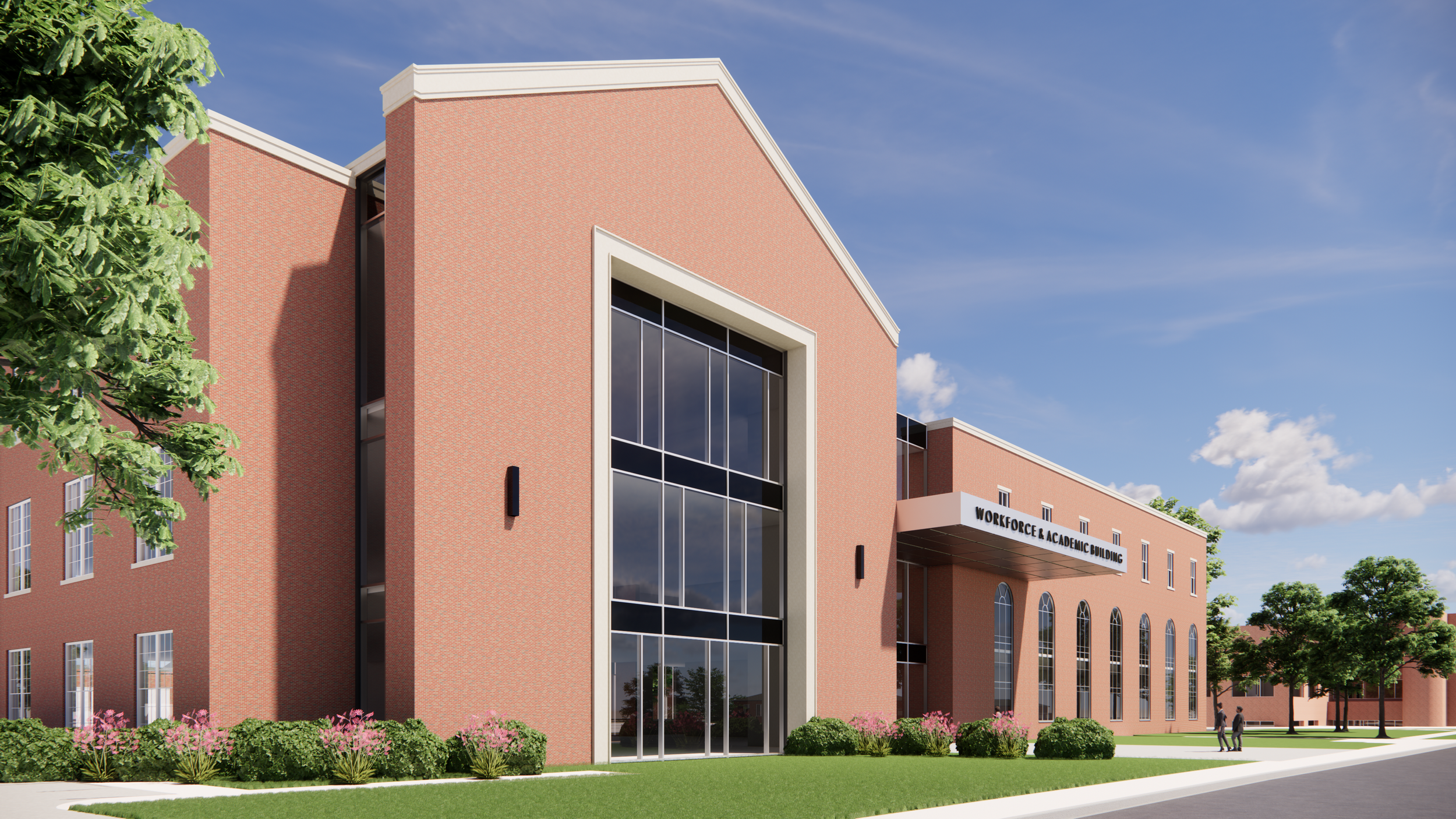 Rendering of the proposed Workforce and Academic Building at Tyler Junior College showing a two-story brick facility with tall glass windows, landscaped lawn, and a covered entrance labeled Workforce and Academic Building.