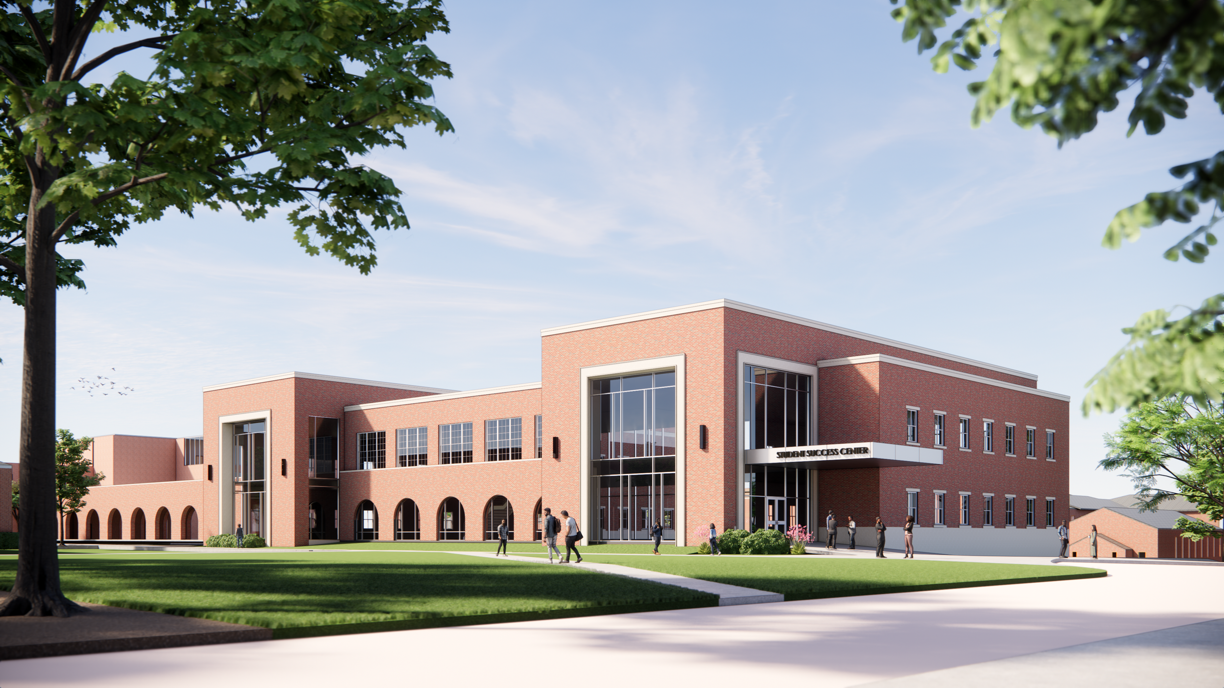 Rendering of the proposed Student Success Center at Tyler Junior College showing a two-story brick building with large glass windows, a covered entrance, walkways, landscaping, and people entering and standing nearby.