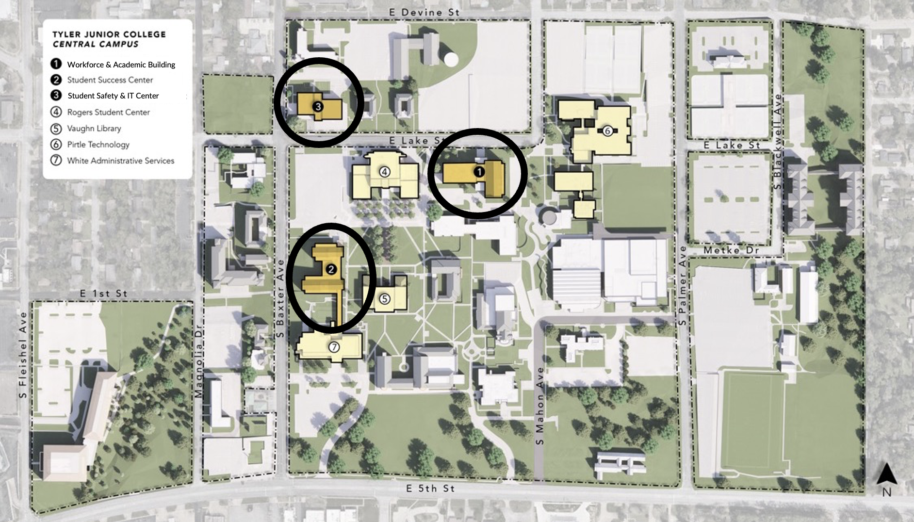Map of Tyler Junior College central campus showing locations of proposed bond projects. Three buildings are highlighted and labeled for Workforce and Academic Building, Student Success Center, and Student Safety and IT Center.