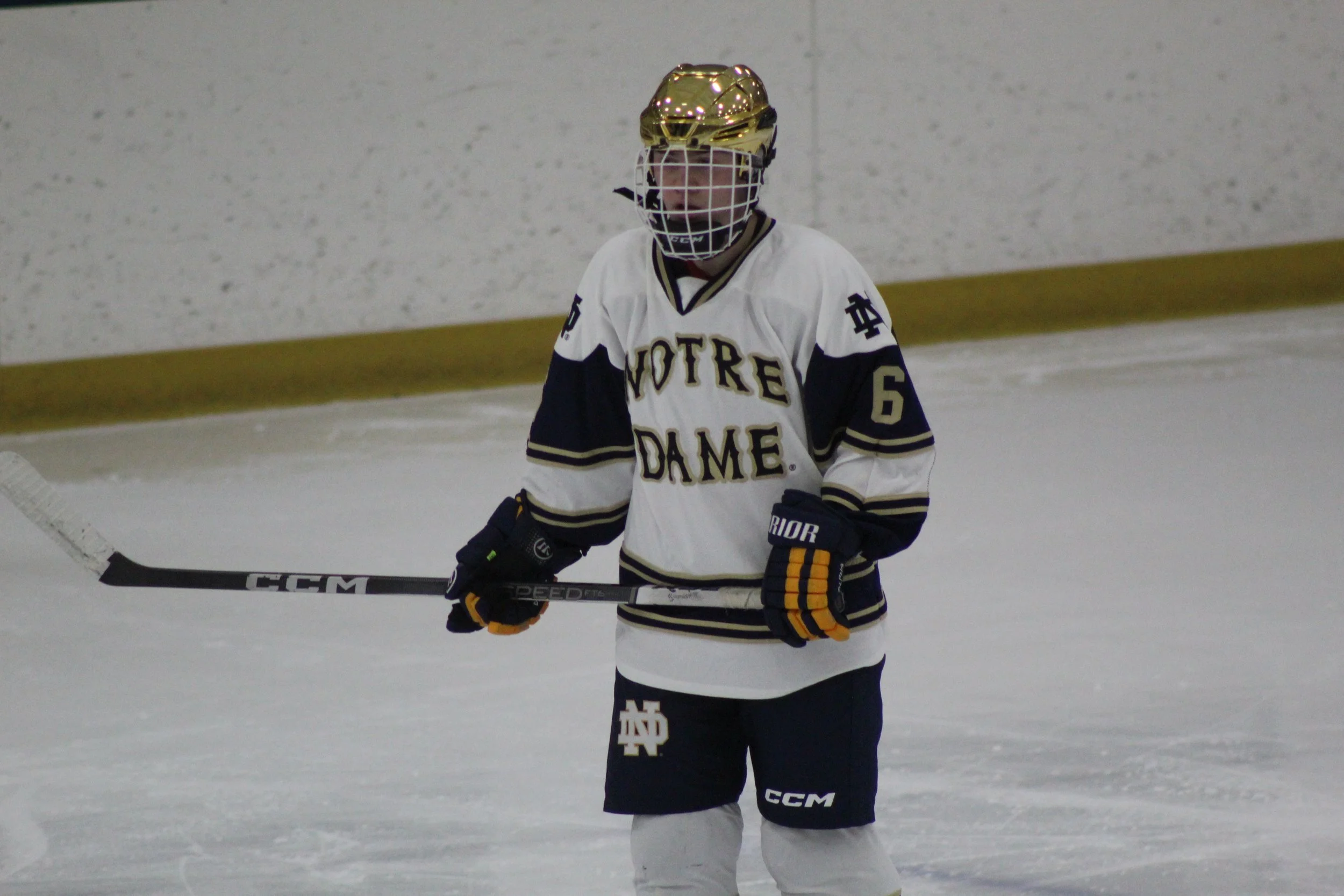An ice hockey player wearing a Notre Dame jersey with the number 6 on the sleeve and a gold helmet, standing on the ice with a hockey stick.
