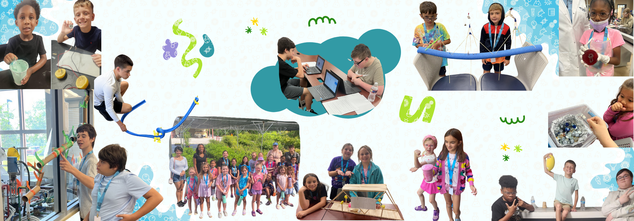 Children at the 2025 summer camp smiling and engaging in hands-on STEM activities, working together in groups, and enjoying a fun, energetic learning environment.