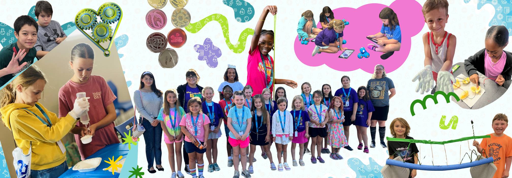 Children at the 2025 summer camp smiling and engaging in hands-on STEM activities, working together in groups, and enjoying a fun, energetic learning environment.