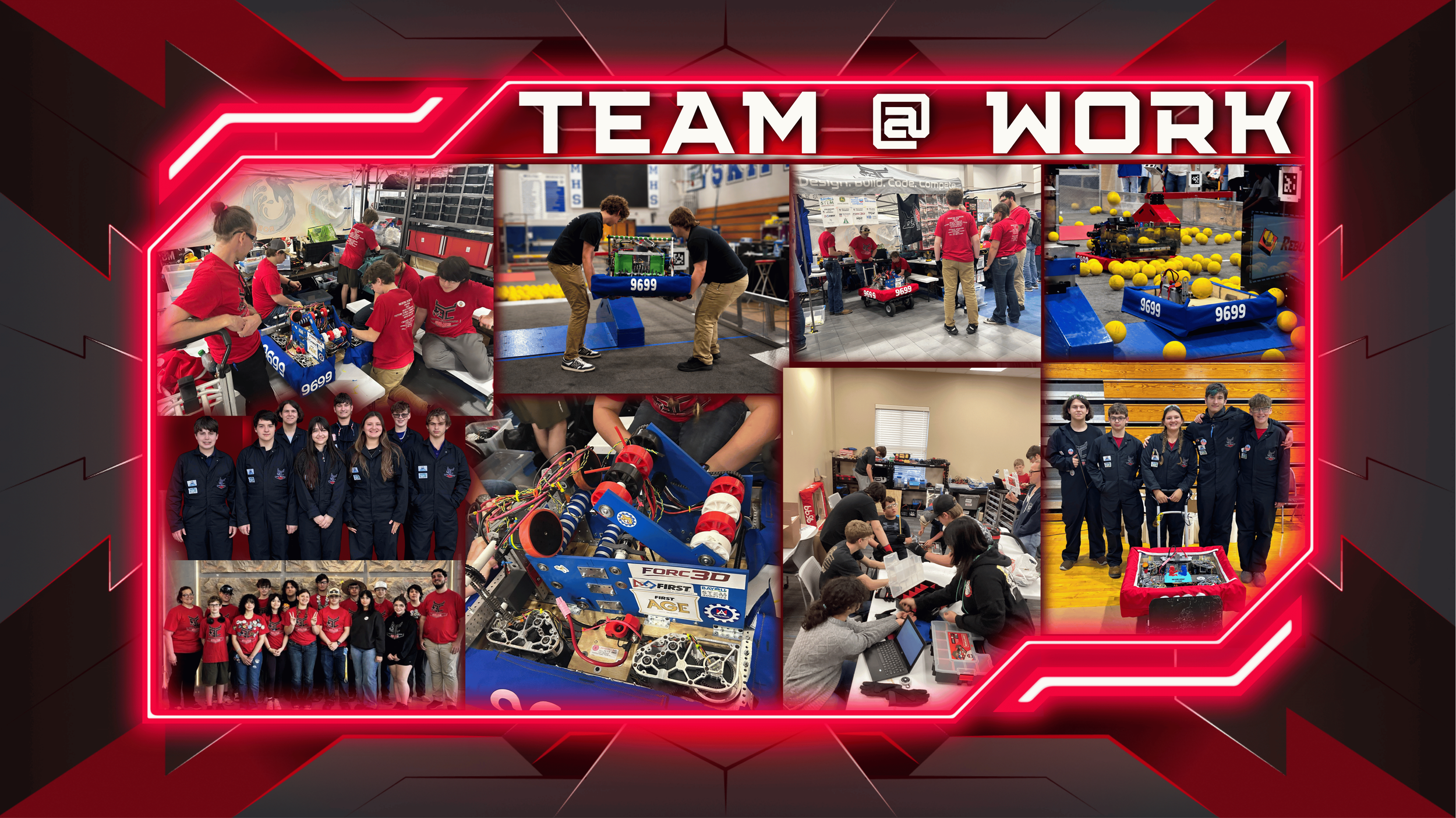 A collage of photos showing students working on robots, team members, and a robot competition, with the text 'TEAM @ WORK' at the top.
