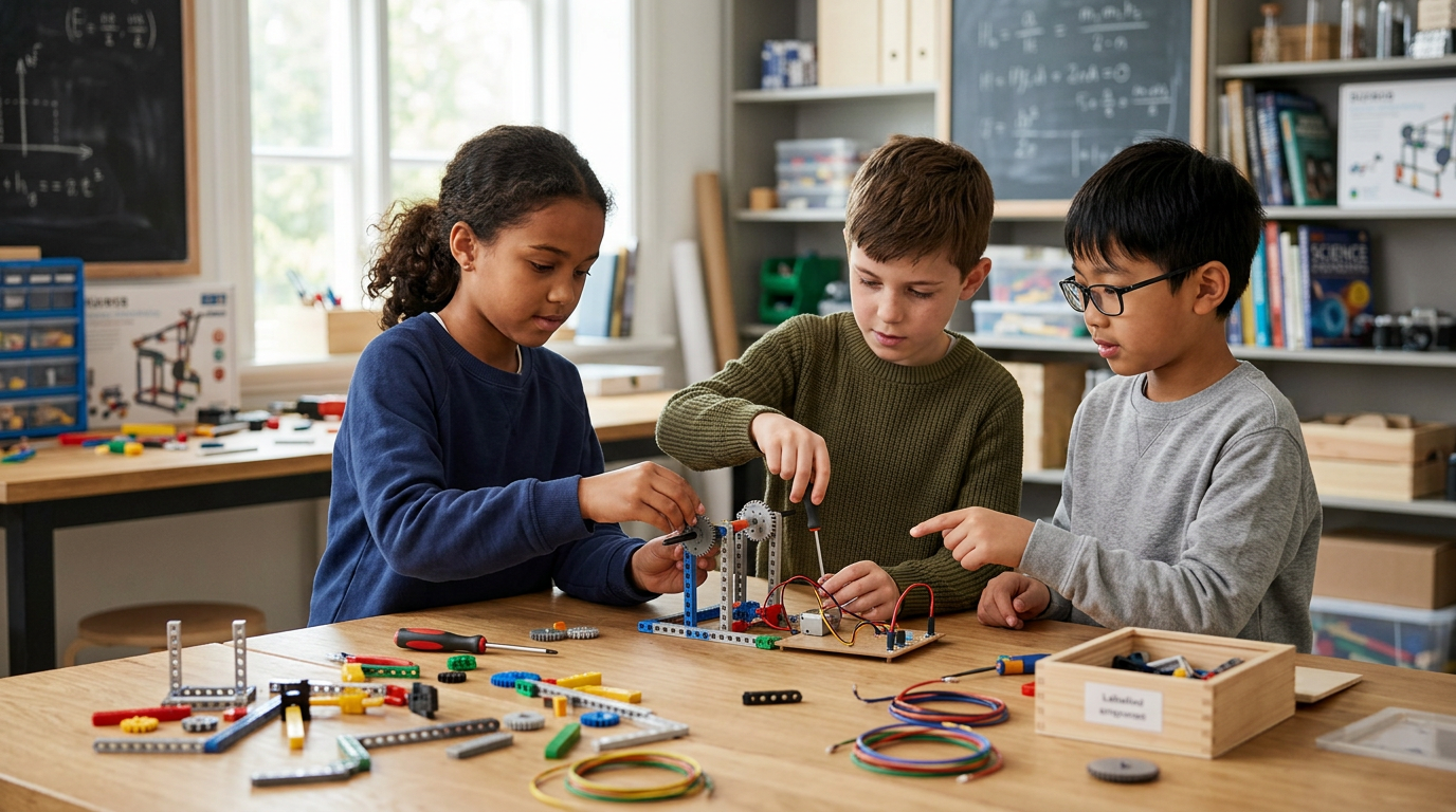 Kids building an interactive robot with legos and wires in a classroom.