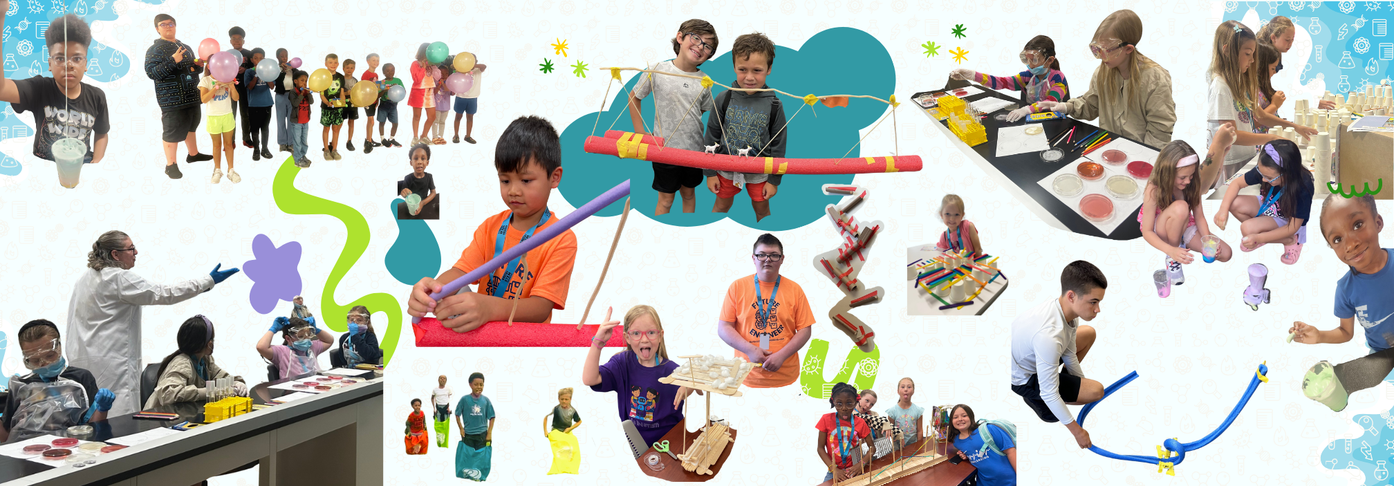 Children at the 2025 summer camp smiling and engaging in hands-on STEM activities, working together in groups, and enjoying a fun, energetic learning environment.