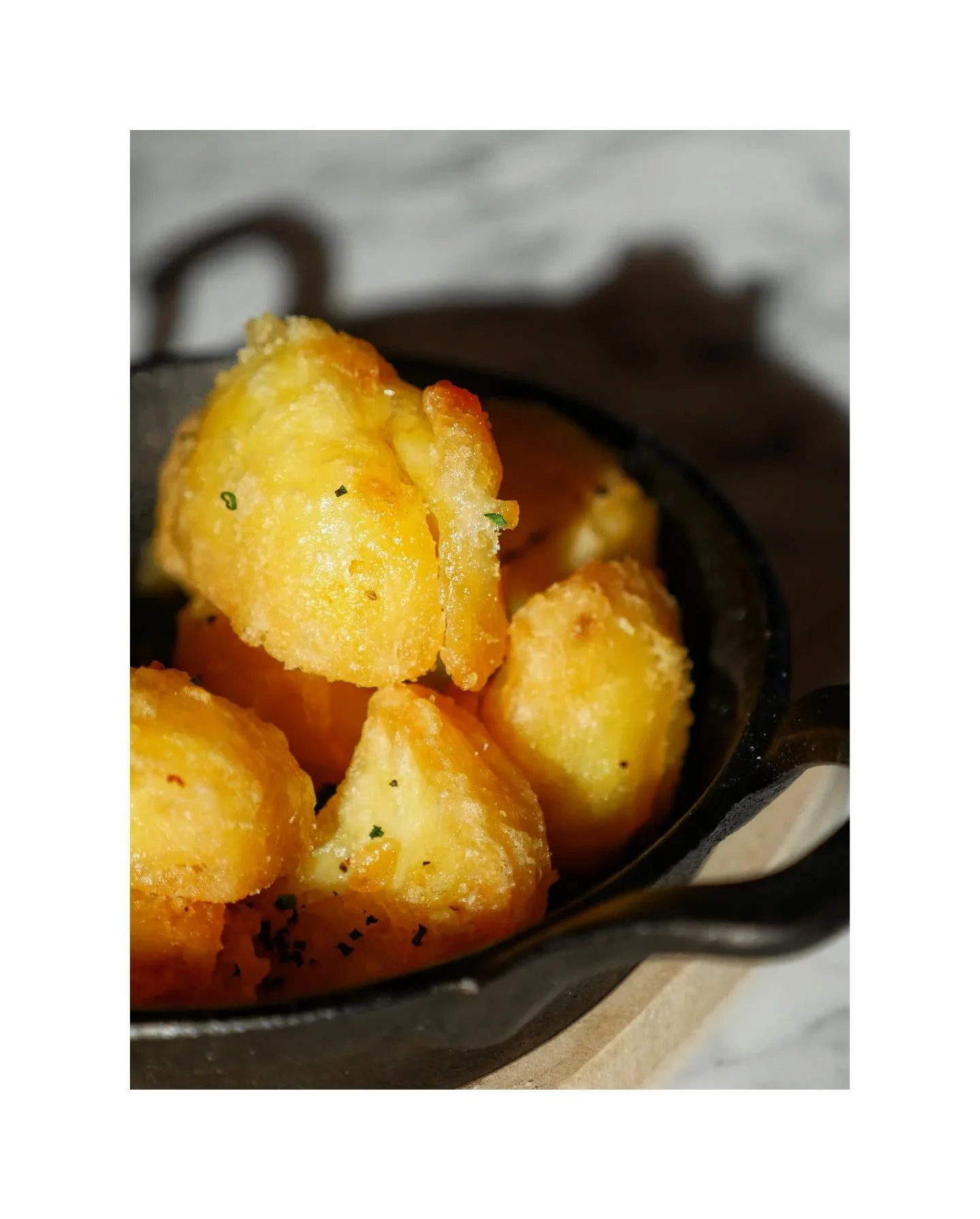 Another one of our small plates from our Christmas Light Bites menu, simple...delicious...devilishly moreish. 

Who wouldn't want a skillet of salted crispy roast potatoes to snack on without being told off for ruining their Christmas dinner. 

Avail