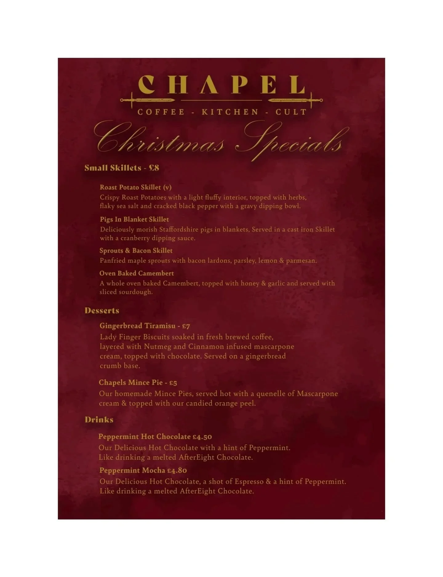 Our Festive Specials are now live! 

Our Christmas Menu will be live throughout December here at Chapel. 

We look forward to seeing you

🎄⛪️