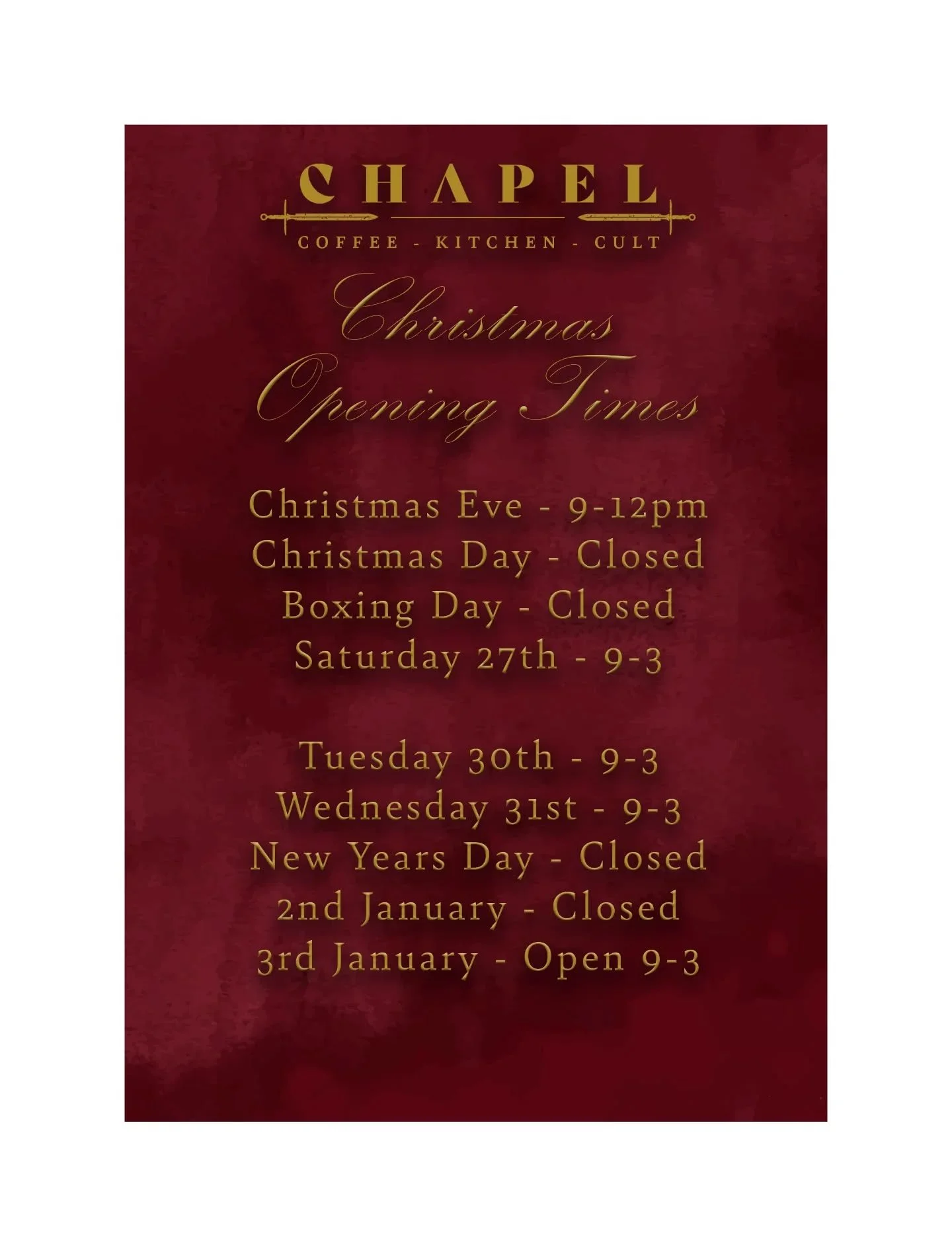 Our Festive opening times!

Were getting alot of booking enquiries for over the holidays so if you want to secure a table get in touch and we can reserve you a table. 

⛪️✌️