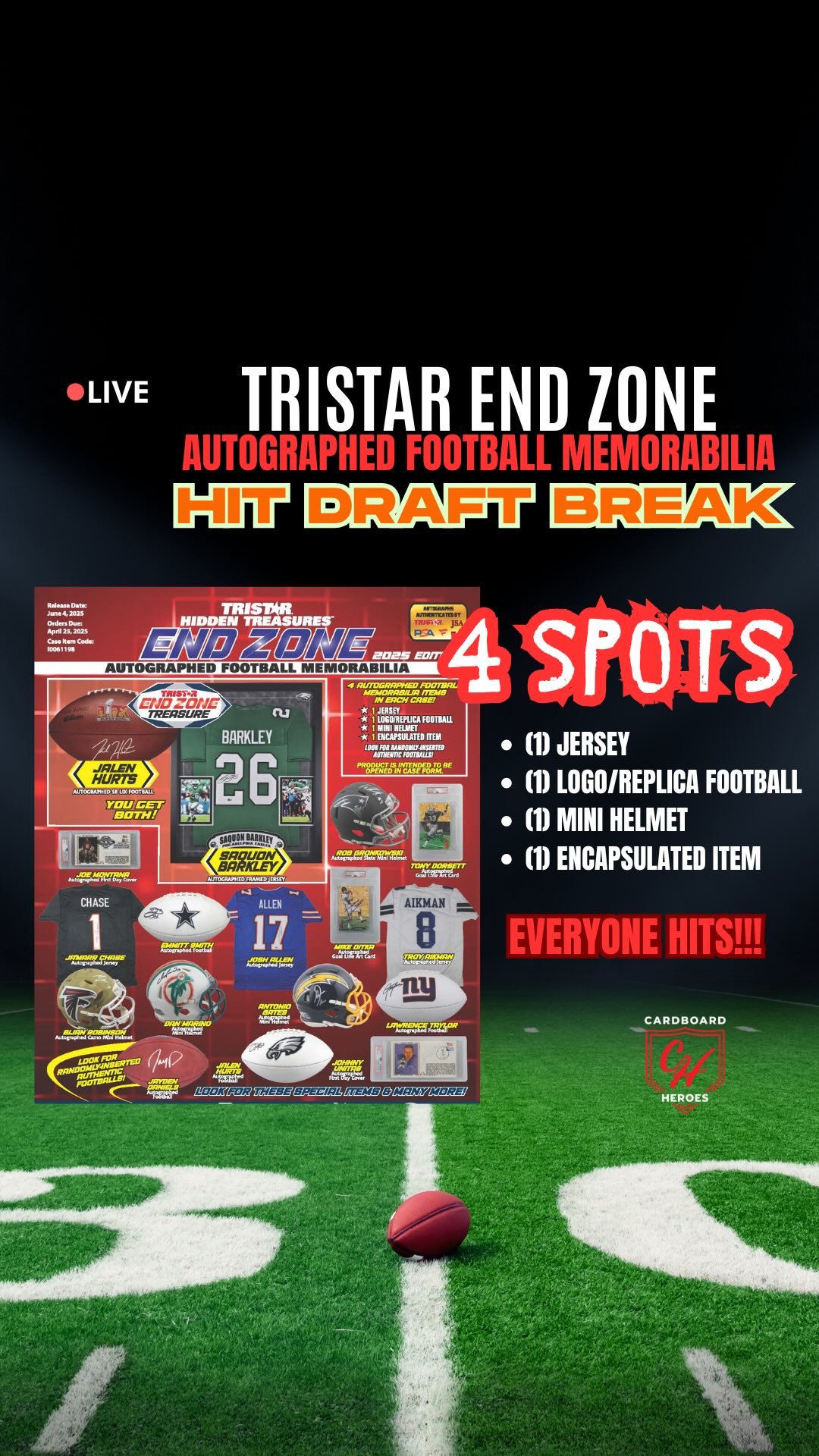 🚨 NEW BREAK ALERT 🚨
Our 2025 @tristar1 Endzone Football Memorabilia Hit Draft is LIVE! 🏈🔥
Only 4 spots available – and each spot gets one item in the draft! Here’s what’s inside:
✅ 1 Autographed Jersey
✅ 1 Replica Autographed F