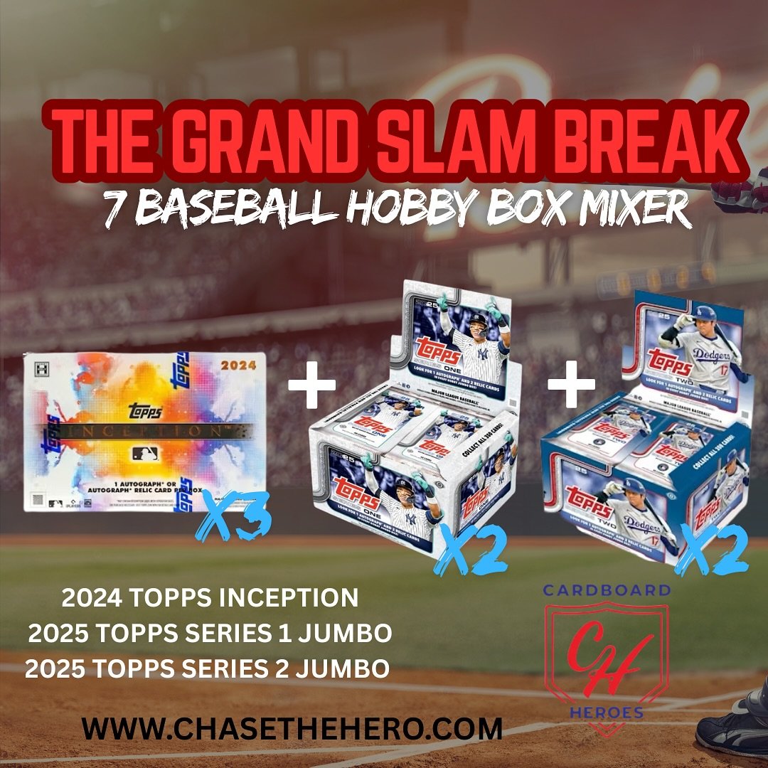 🚨 Grand Slam 7-Box Hobby Mixer is LIVE! 🚨
We just dropped a fresh break on the site—and it’s loaded.
This random team break includes:
🔹 3x 2024 Topps Inception
🔹 2x 2025 Topps Series 1 Jumbo
🔹 2x 2005 Topps Series 2 Jumbo
Jump ove