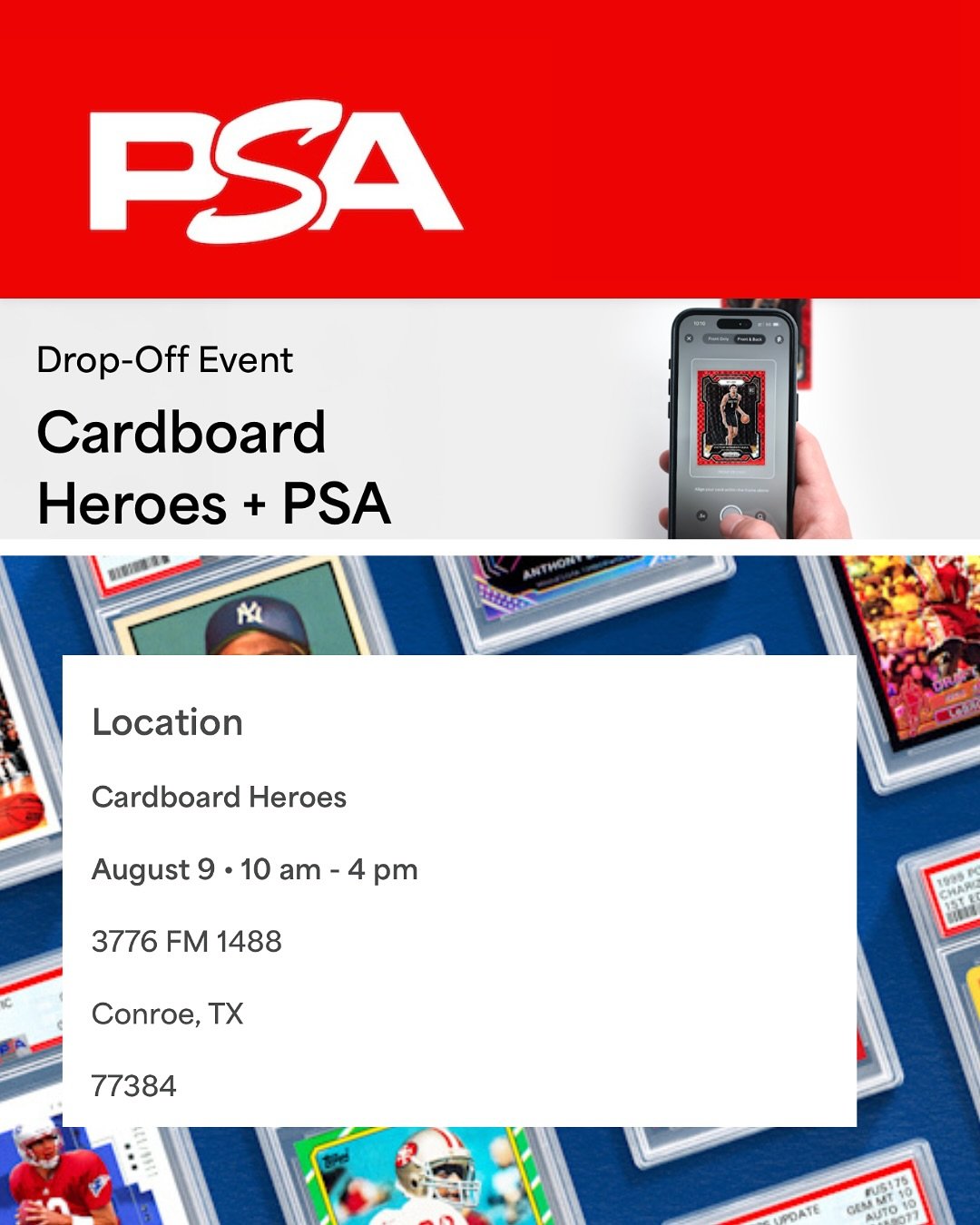 🚨 BIG NEWS, COLLECTORS! 🚨
PSA is partnering with Cardboard Heroes for a one-day-only special event at the shop! 🔥
📅 Date: August 9th 2025
🕙 Time: 10 AM – 4 PM
📍 Location: Cardboard Heroes
PSA will be accepting submissions on all servic